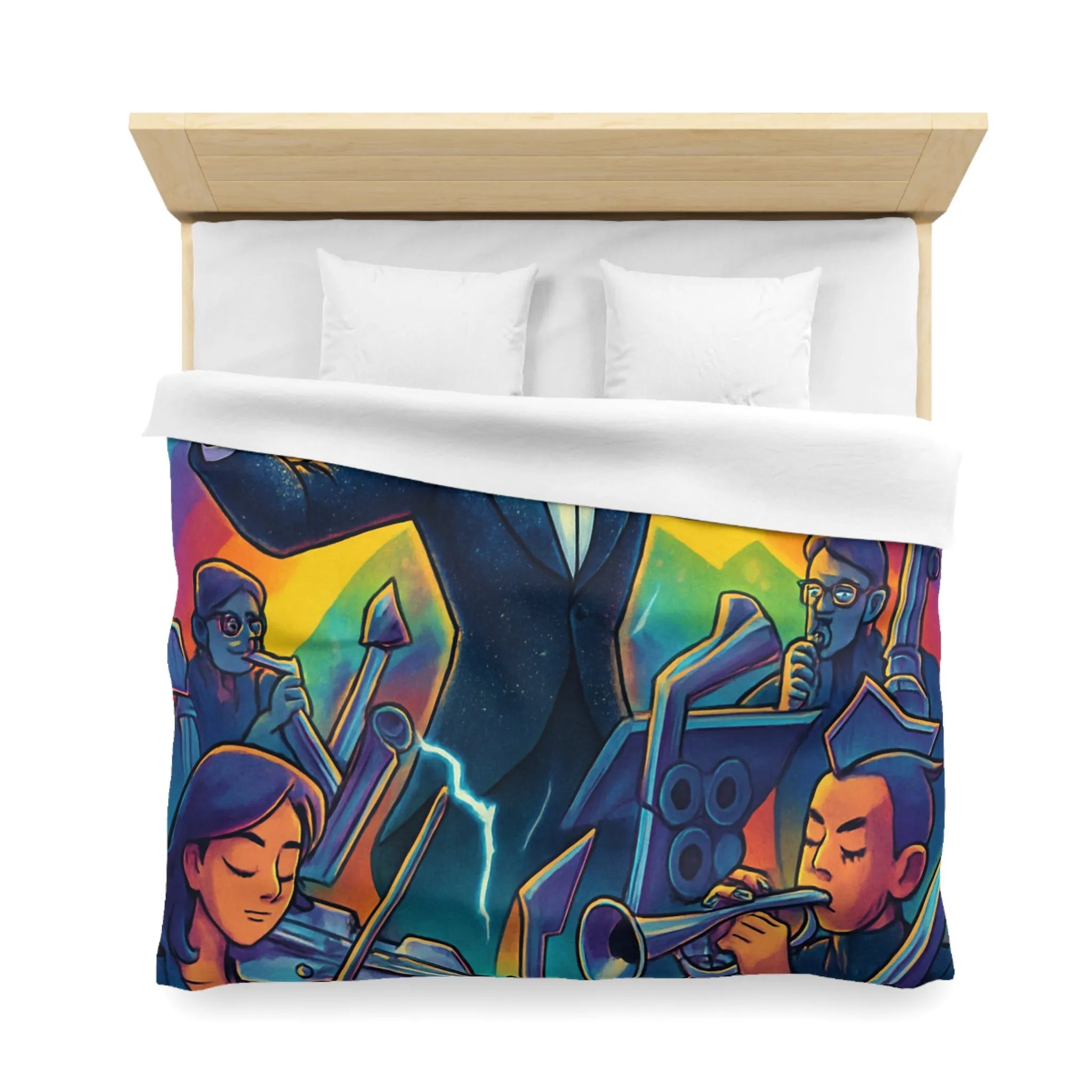 Housse de couette avec orchestre vibrant et chef d’orchestre sous arc-en-ciel lumineux