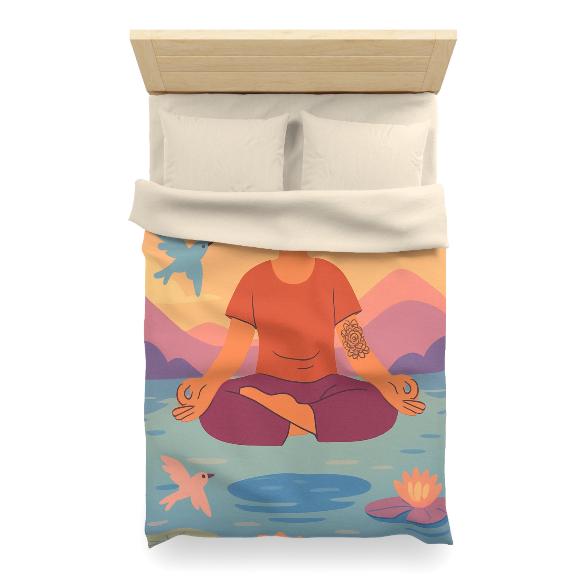 Housse de Couette Zen avec Design Méditation, Lotus et Oiseaux Colorés - Sérénité Nature