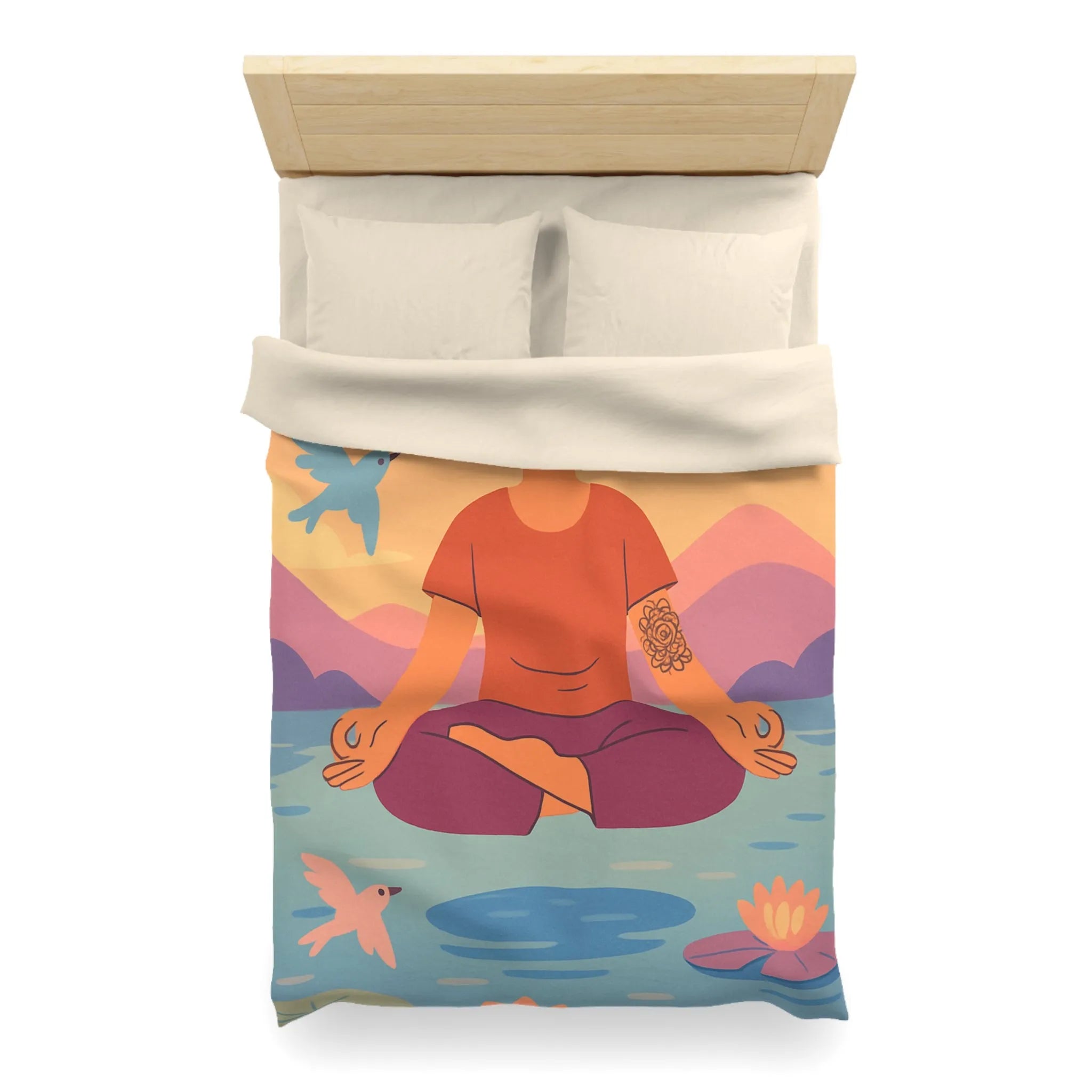 Housse de couette méditative avec motifs paisibles de nature et oiseaux colorés