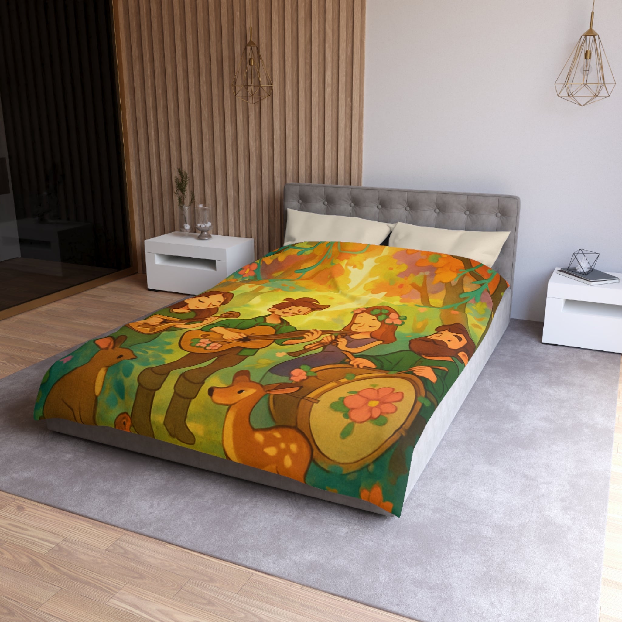 Housse de couette musicale enchantée forêt, animaux, motifs vibrants pour chambre féerique