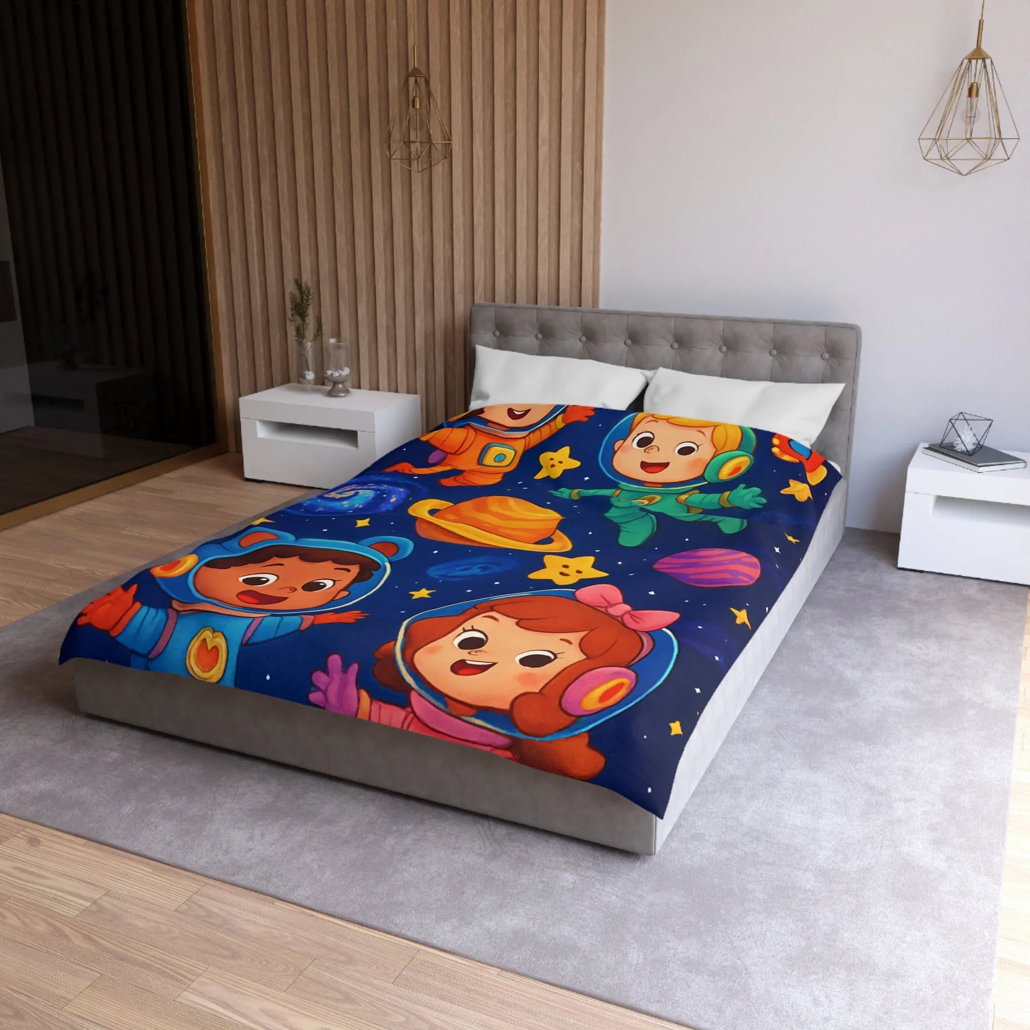 Housse de Couette Enfant : Aventure Cosmique avec Astronautes et Étoiles Colorées Stylisées