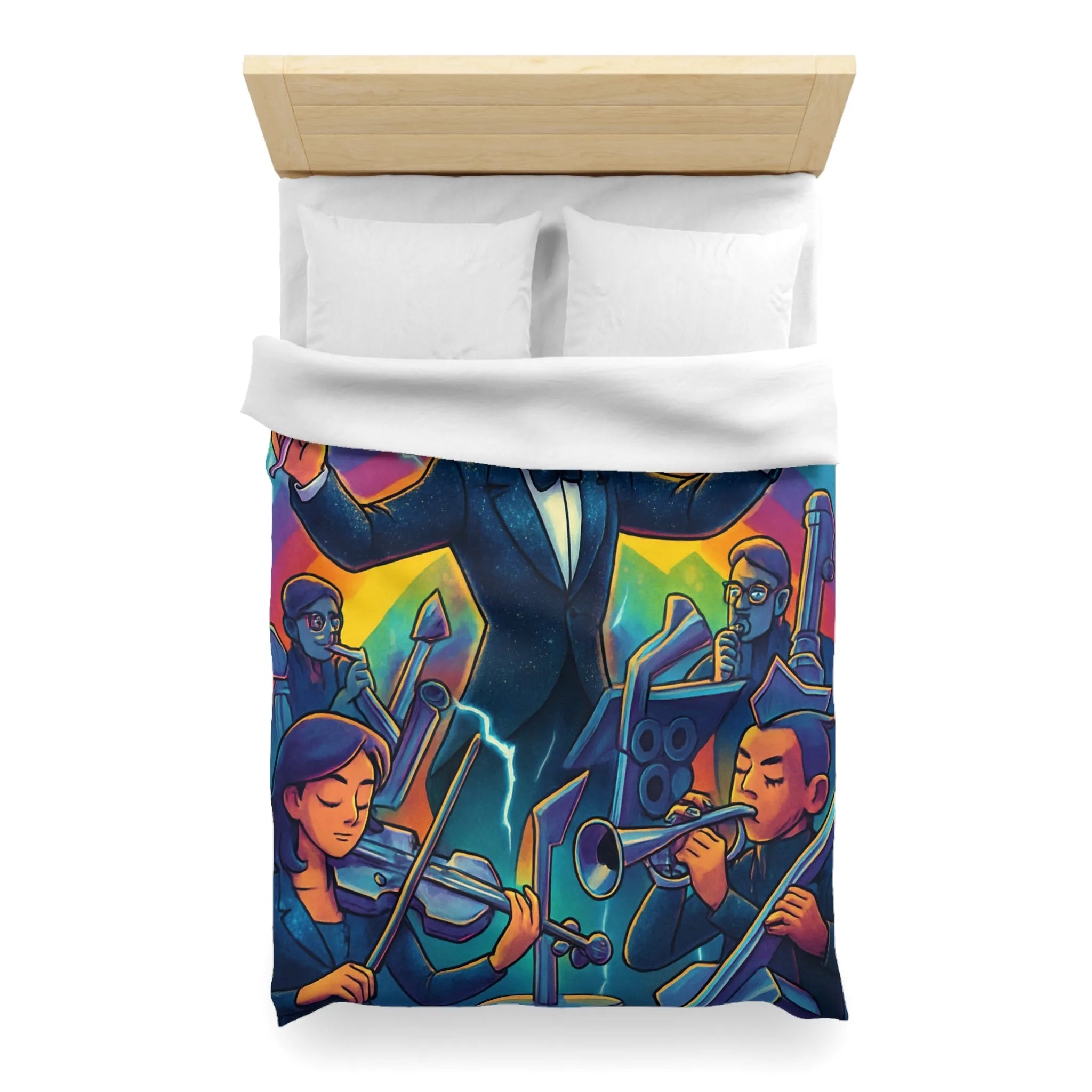 Housse de couette avec orchestre vibrant et chef d’orchestre sous arc-en-ciel lumineux