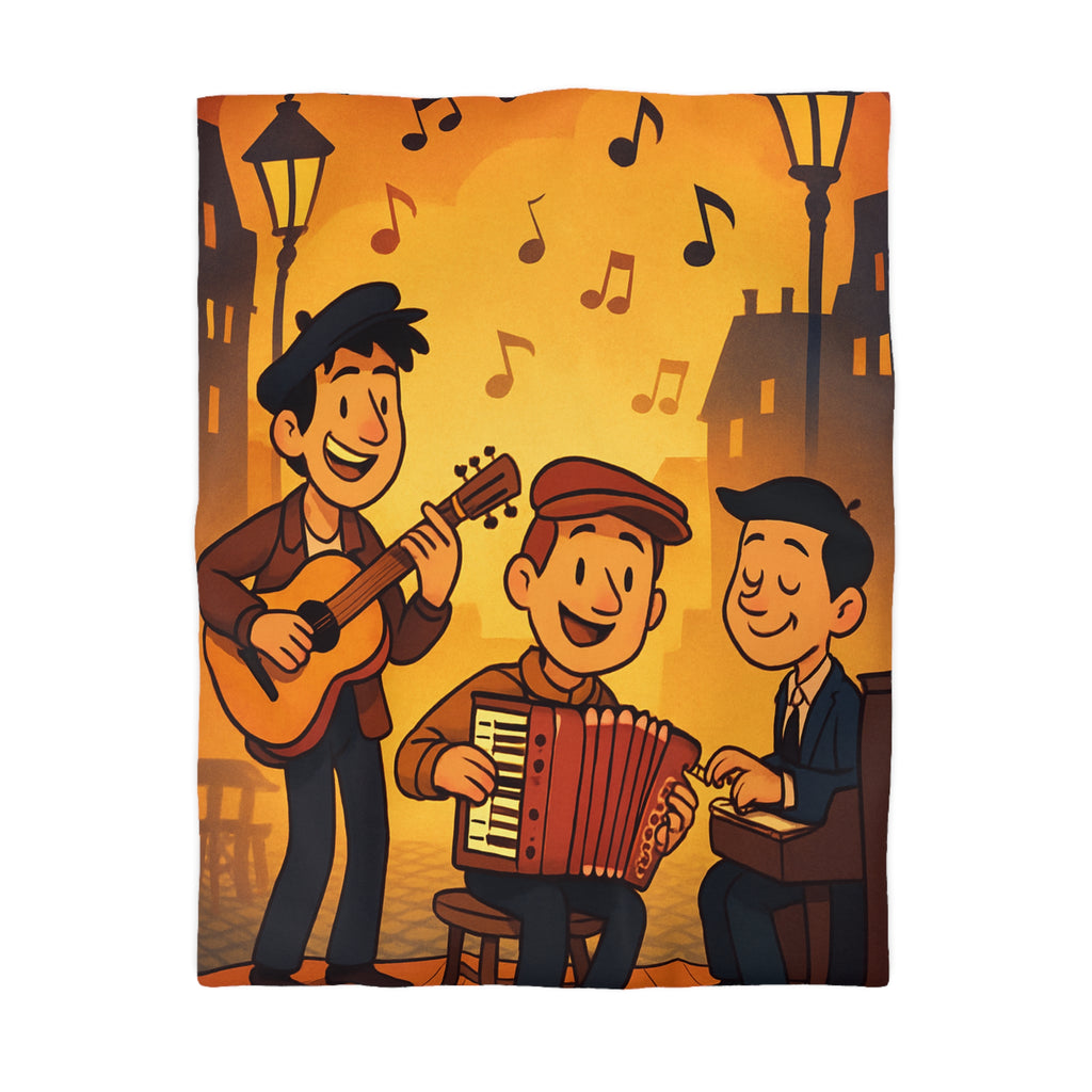 Housse de couette vintage ambiance musicale jazz avec trio de musiciens lumineux