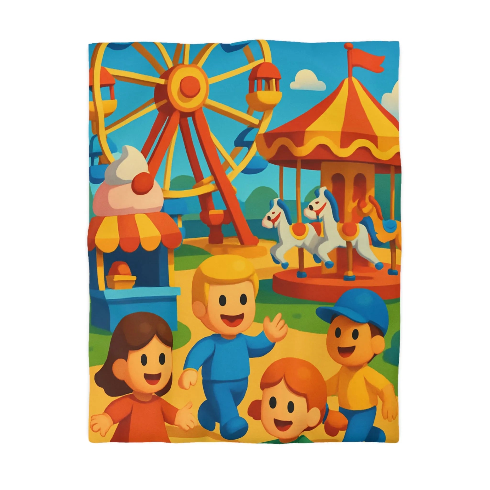 Housse de couette joyeuse avec motifs de fête foraine colorée et enfants souriants