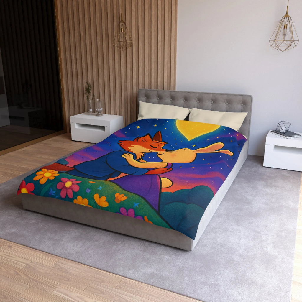 Housse de couette avec renard et lapin amoureux sous ciel étoilé romantique