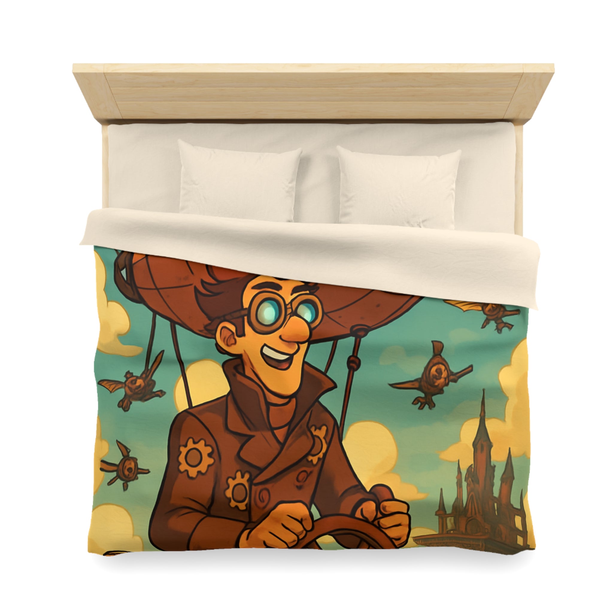 Housse de Couette Steampunk avec Ballon Dirigeable et Cité Volante dans le Ciel