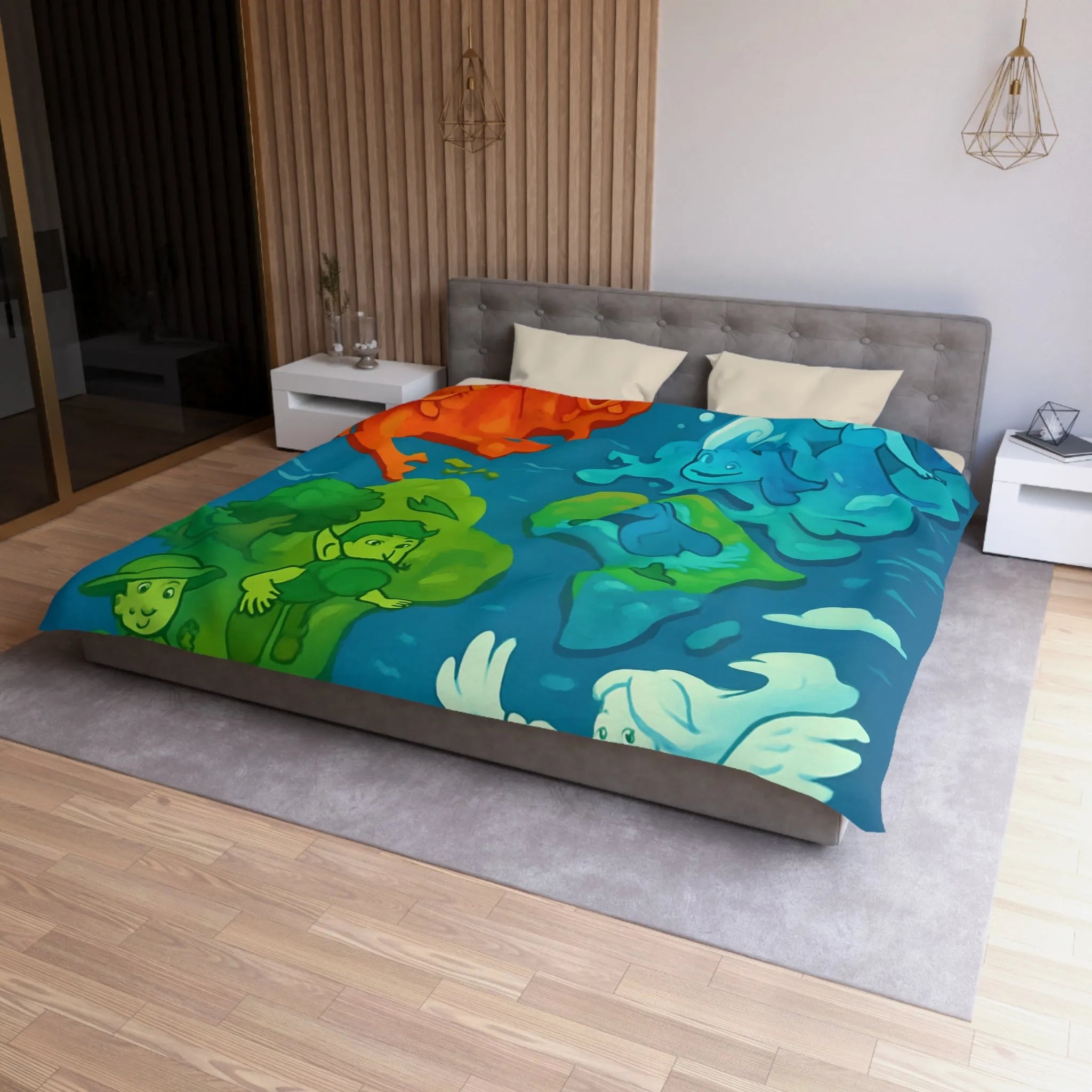 Housse de couette colorée avec illustration ludique des éléments naturels en harmonie