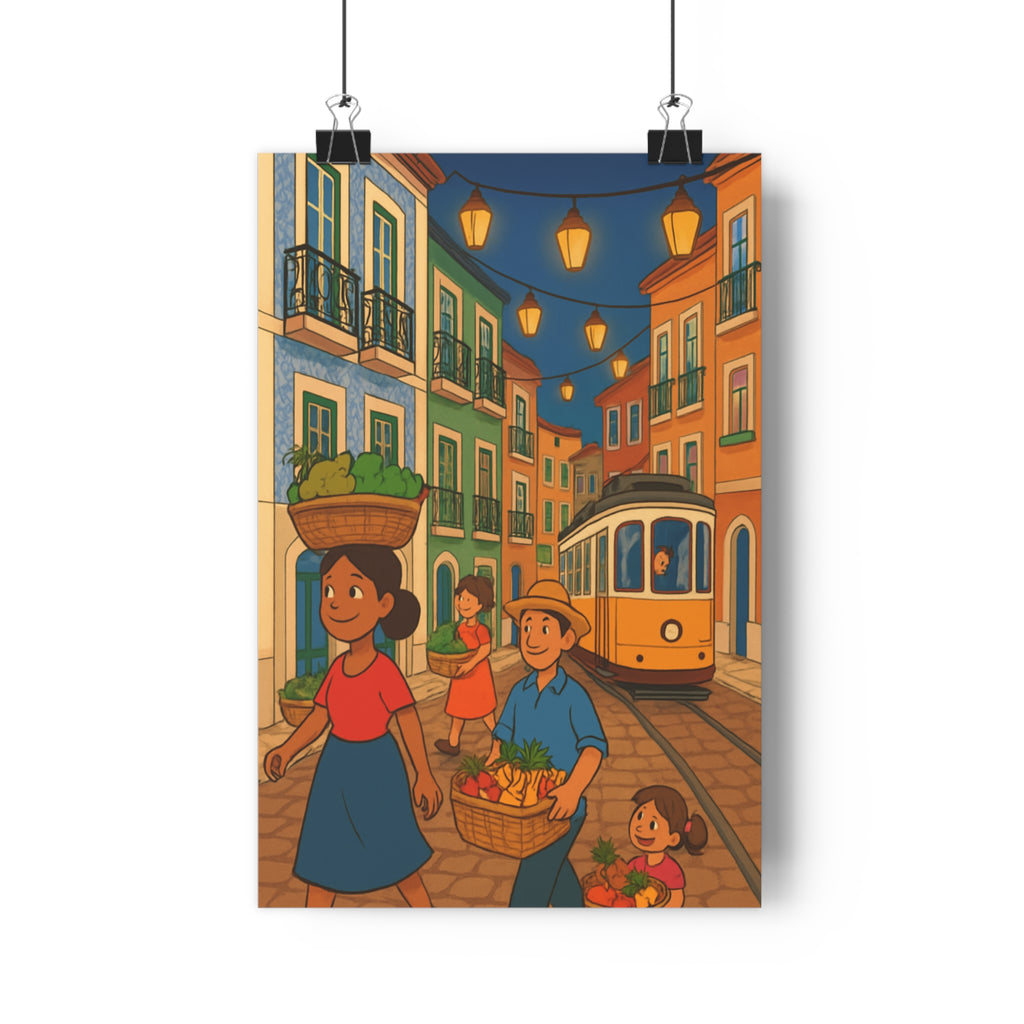 Poster décoratif dessin animé joyeux jaune rouge ruelle salon chambre style portugais unique lumineux