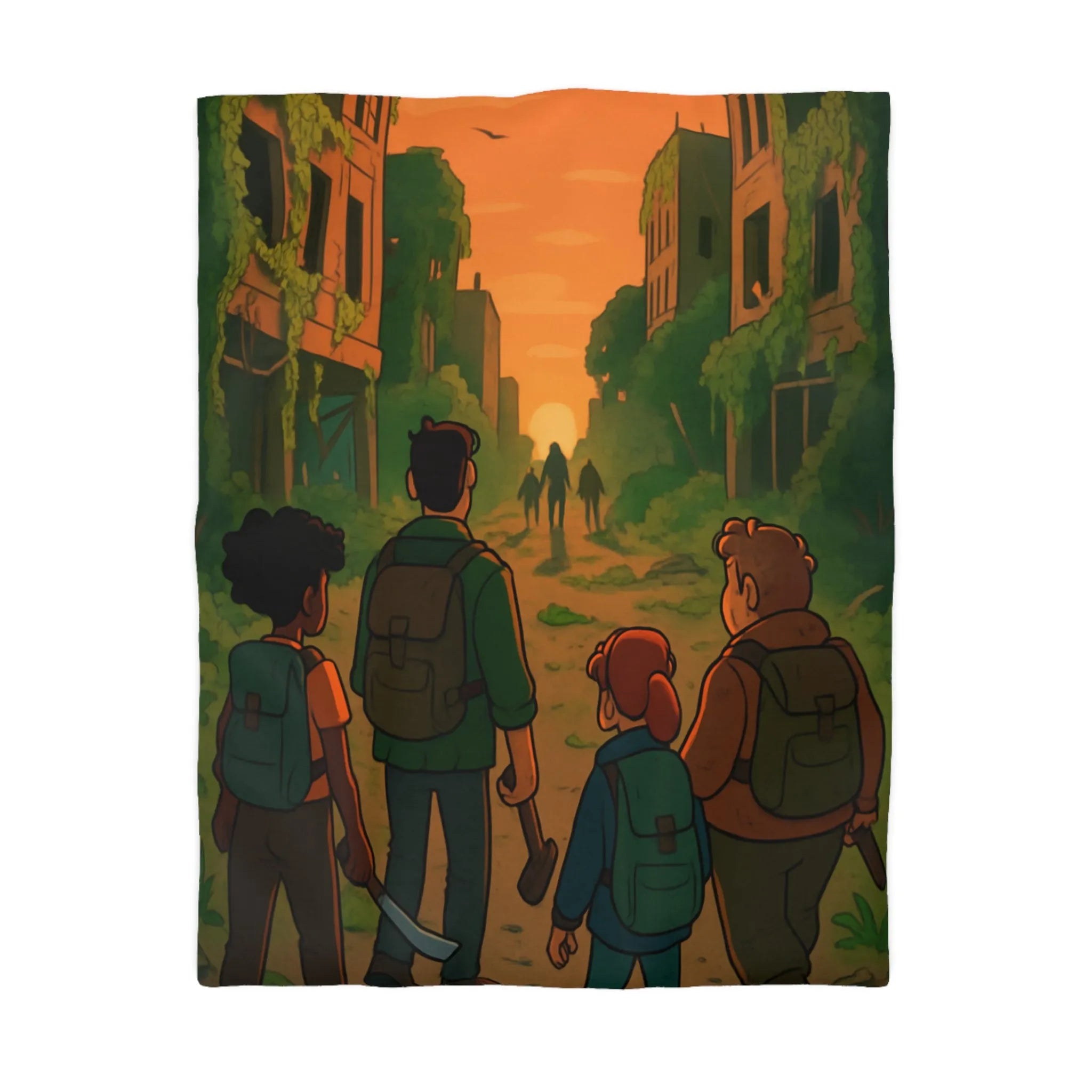 Housse de couette aventure urbaine animée, ambiance apocalyptique au coucher du soleil