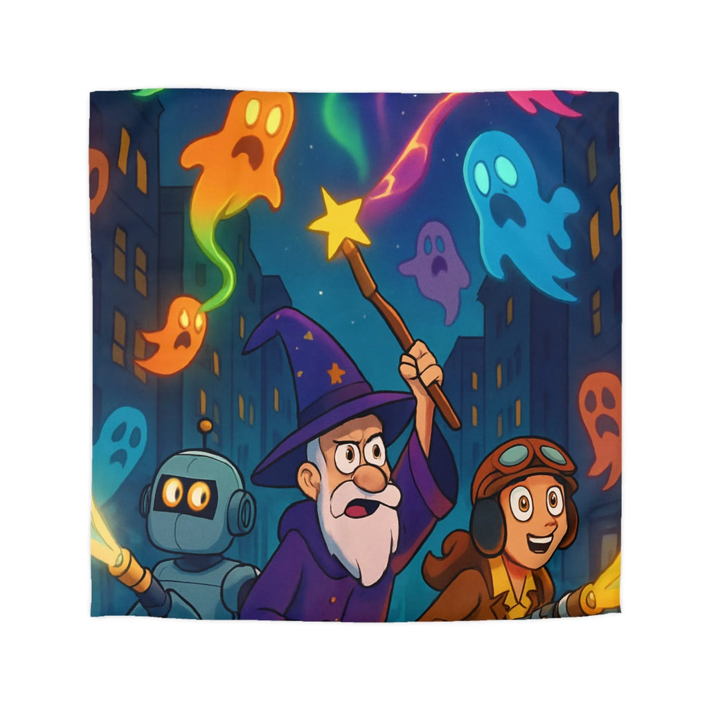 Housse de couette magique avec fantômes colorés, sorcier et robot aventureux en ville nocturne