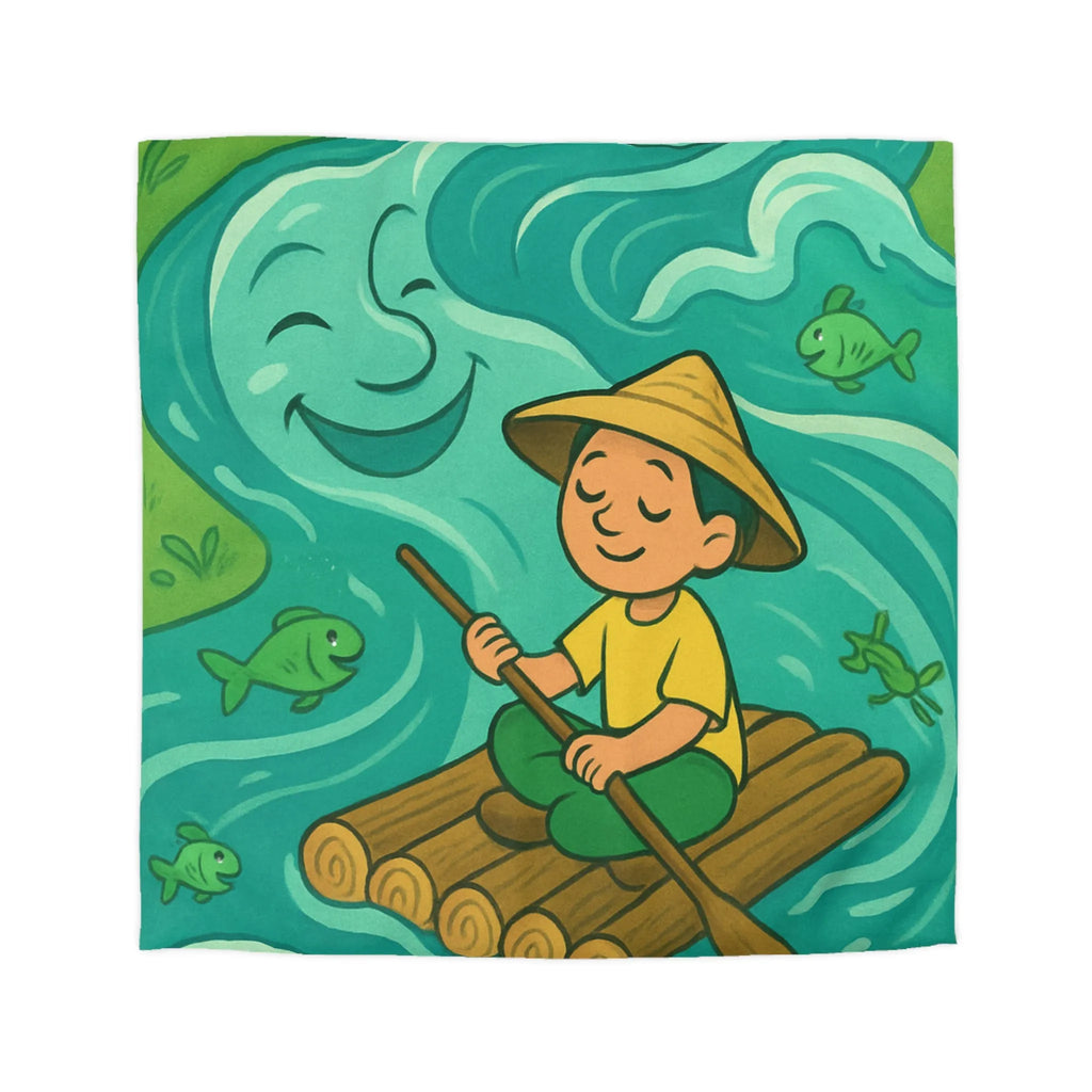 Housse de Couette Enfant avec Illustration Rêveuse de Rivière et Pêcheur Heureux