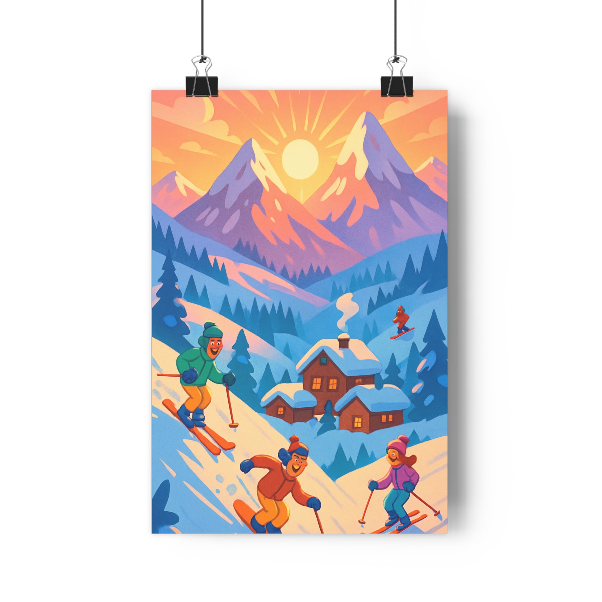 Poster décoratif cartoon hiver neige montagne joyeux salon chambre chalet aventure skieur 30x46 qualité