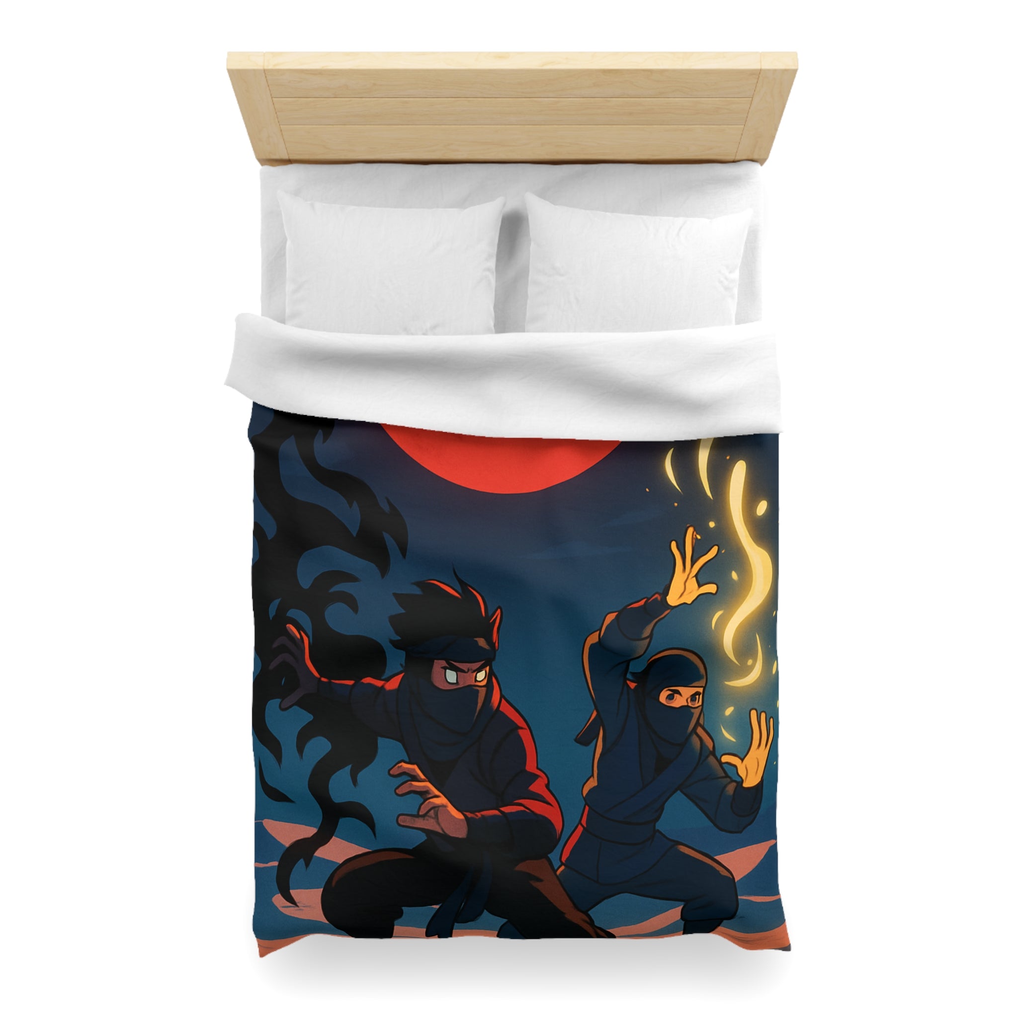 Housse de Couette Ninja avec Lune Rouge et Pouvoirs Mystiques en Fond Sombre