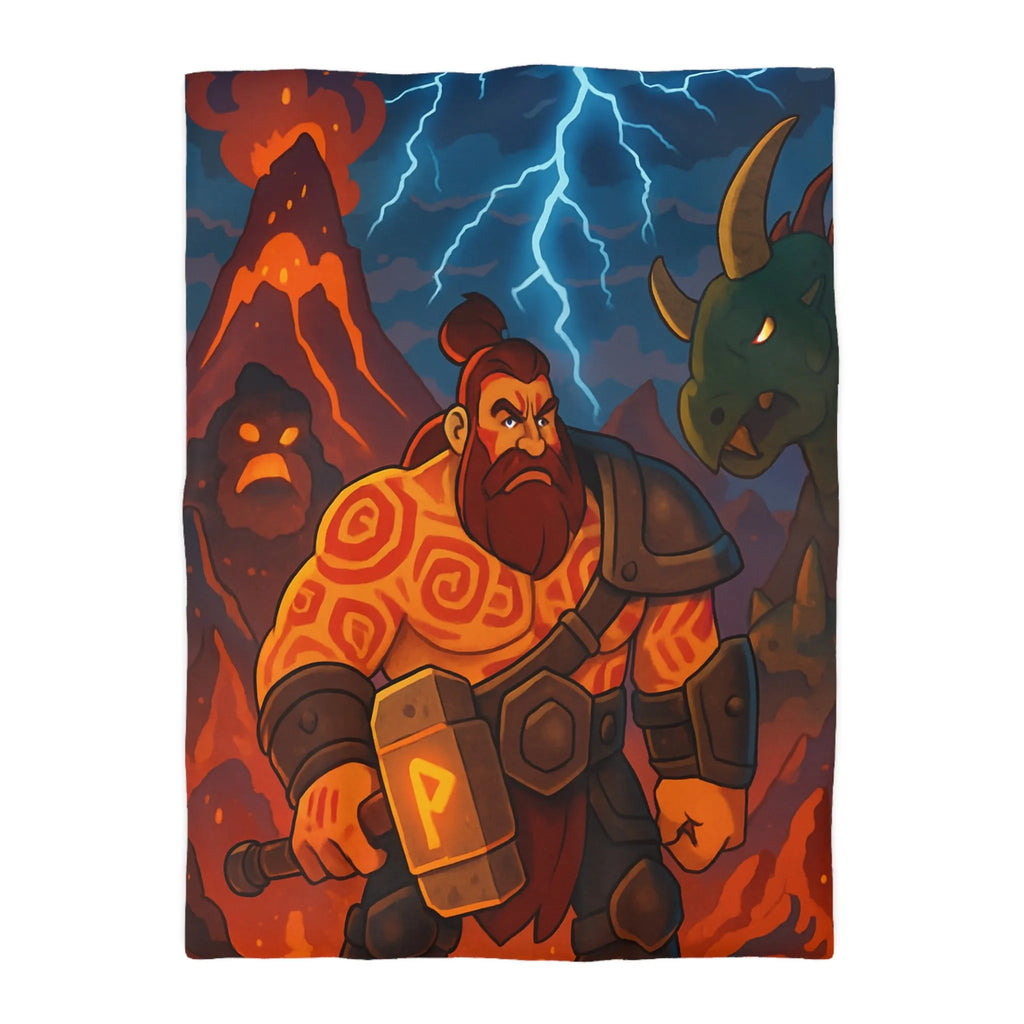 Époustouflante illustration de guerrier barbu avec marteau dans paysage volcanique dramatique