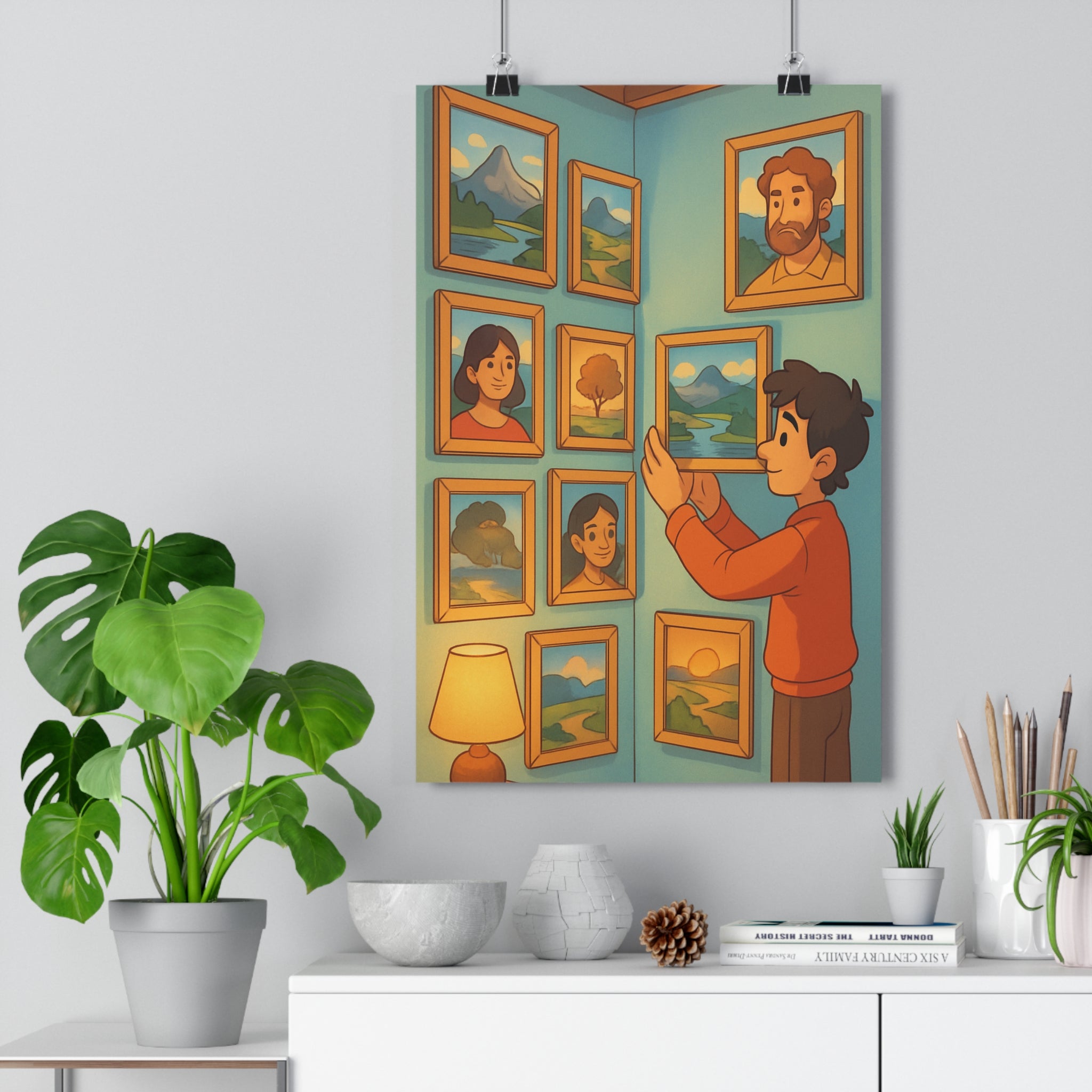 Poster décoratif anime doux apaisant bleu chaleureux salon chambre sérénité cadre personnage 30x46 qualité