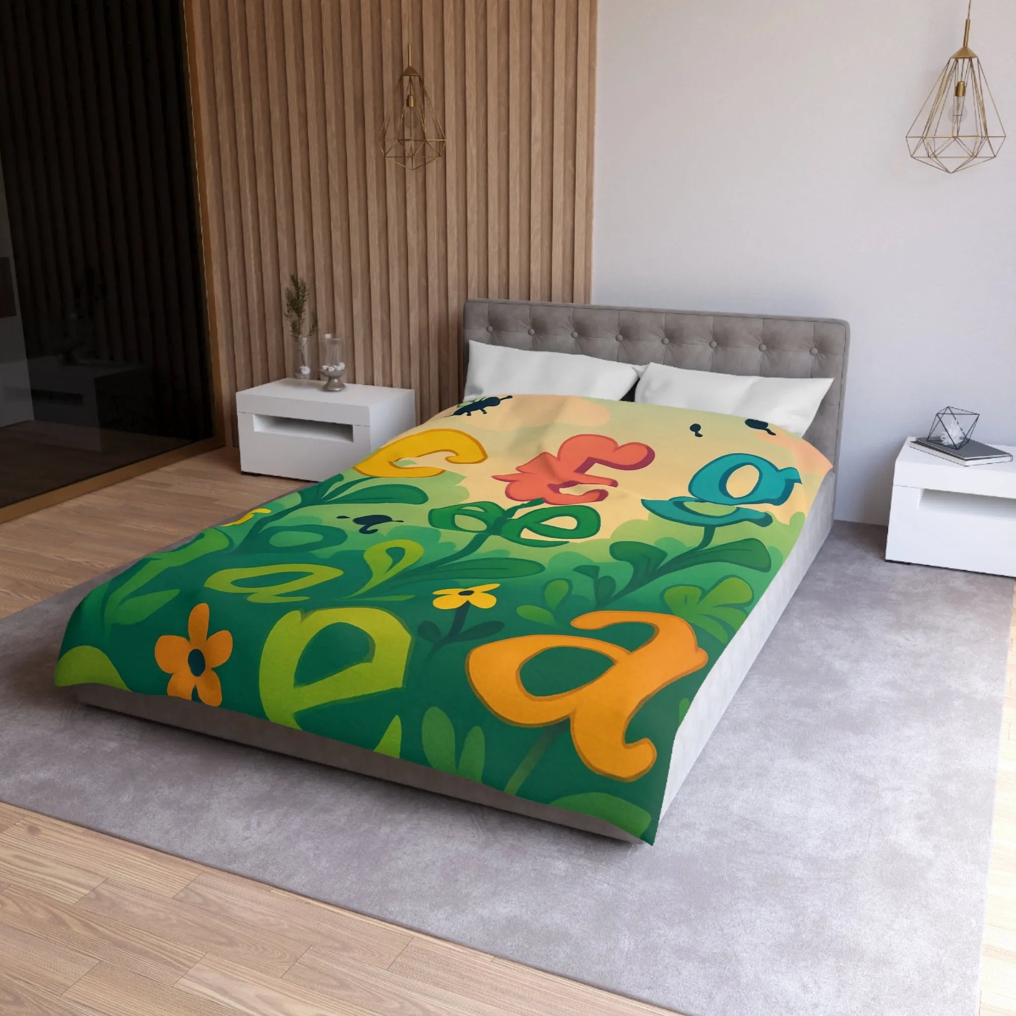 Housse de couette colorée avec lettres et fleurs pour chambre d'enfant joyeuse