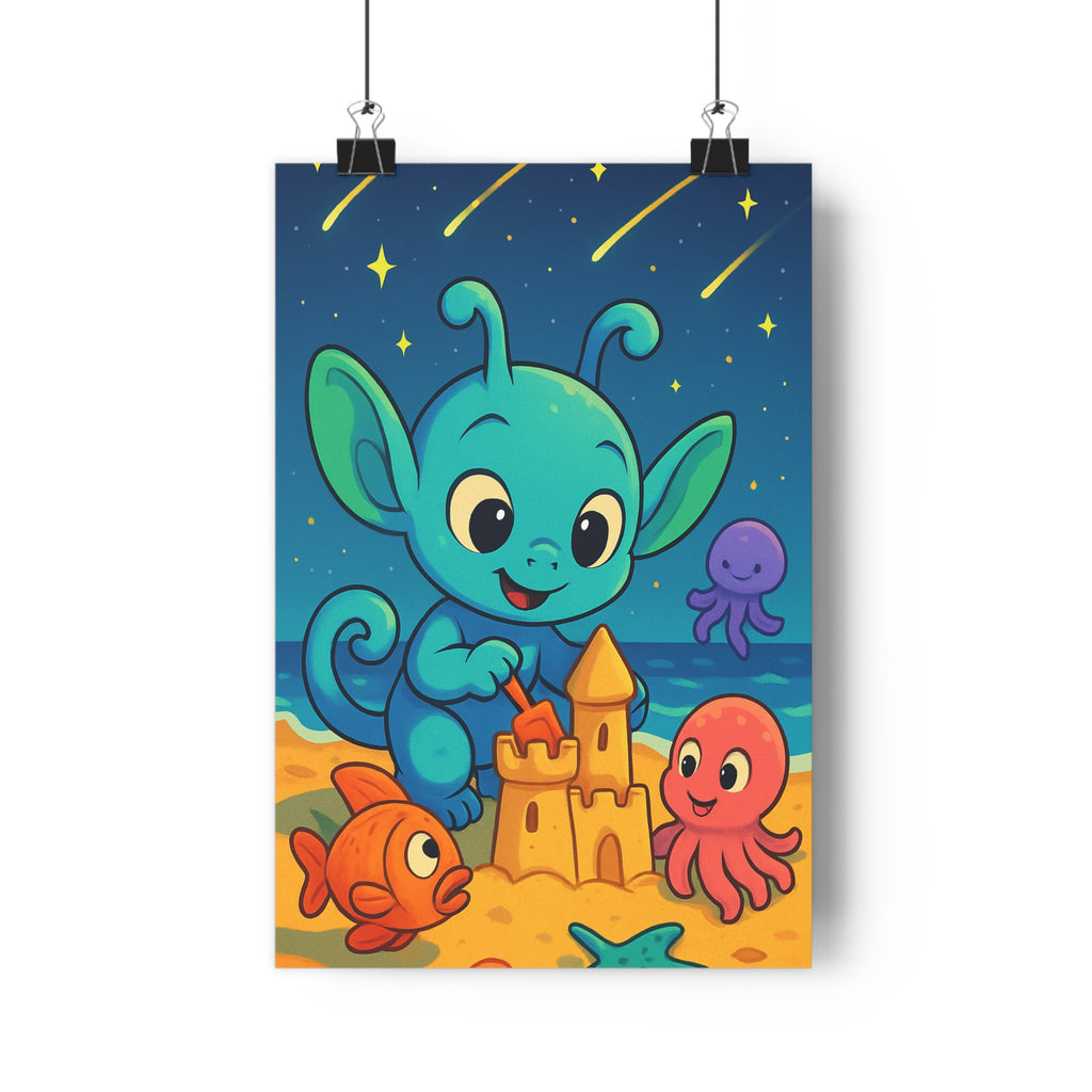 Poster décoratif cartoon bleu orange rose étoilé joyeux chambre enfant plage créature ludique tendance