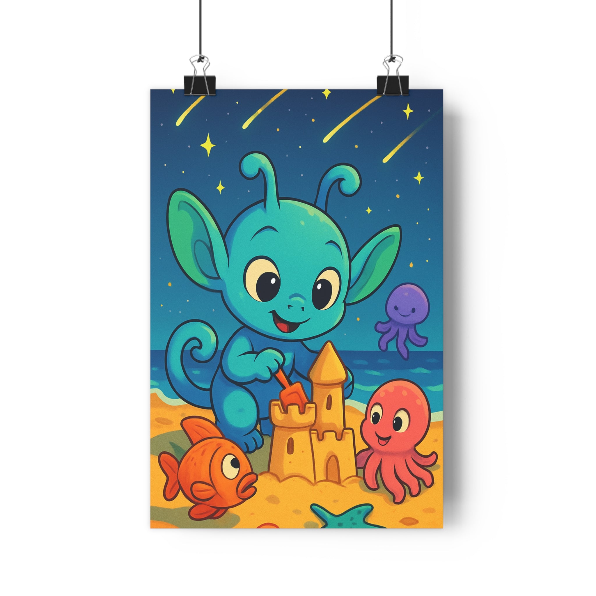 Poster décoratif cartoon bleu orange rose étoilé joyeux chambre enfant plage créature ludique tendance