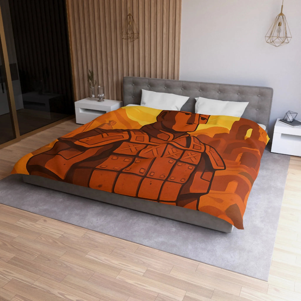 Housse de couette inspirée des guerriers antiques dans un style artistique épuré et vibrant