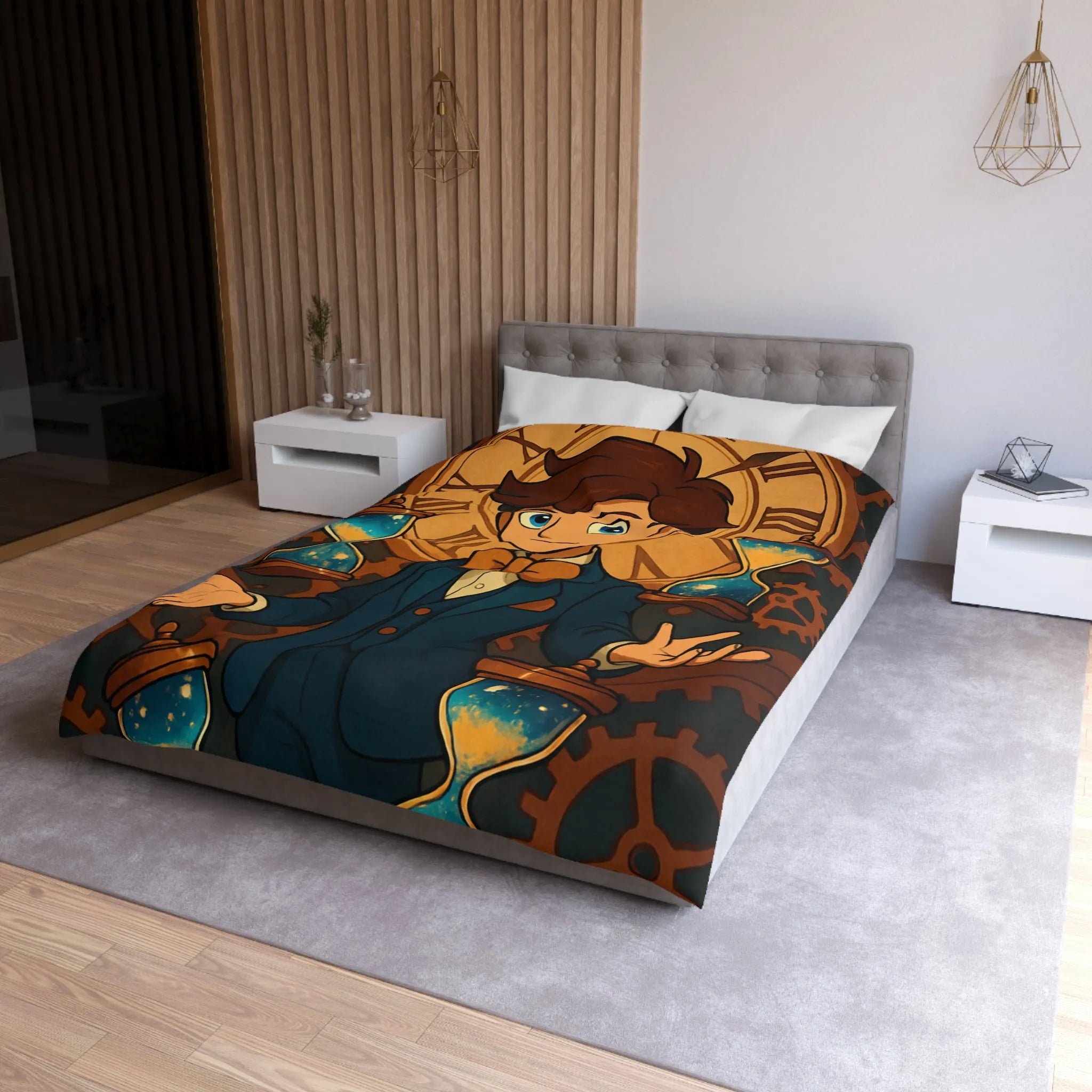 Élégante housse de couette thème horloger avec personnage stylisé et sabliers dorés