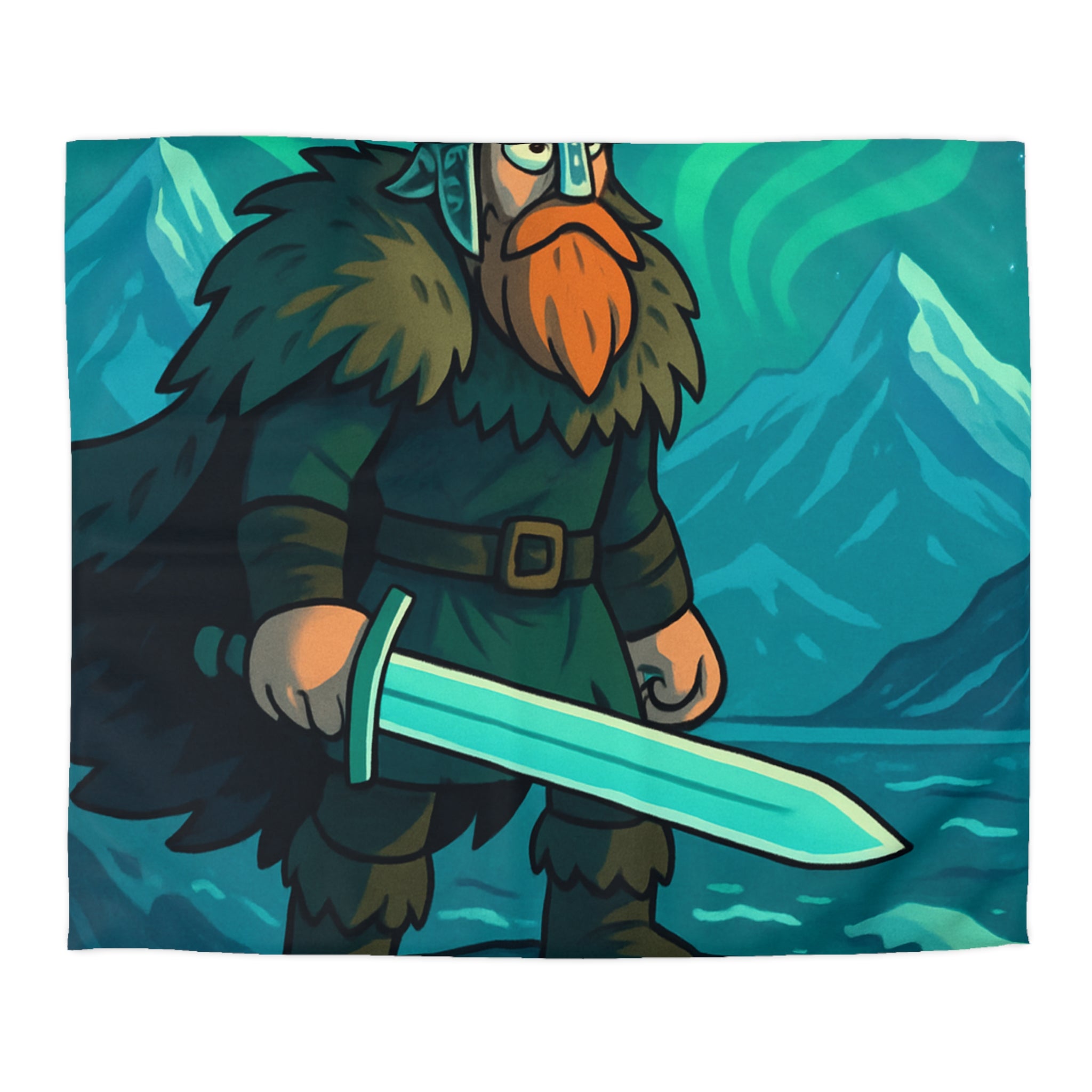 Housse de couette viking avec aurore boréale, montagnes majestueuses et guerrier barbu