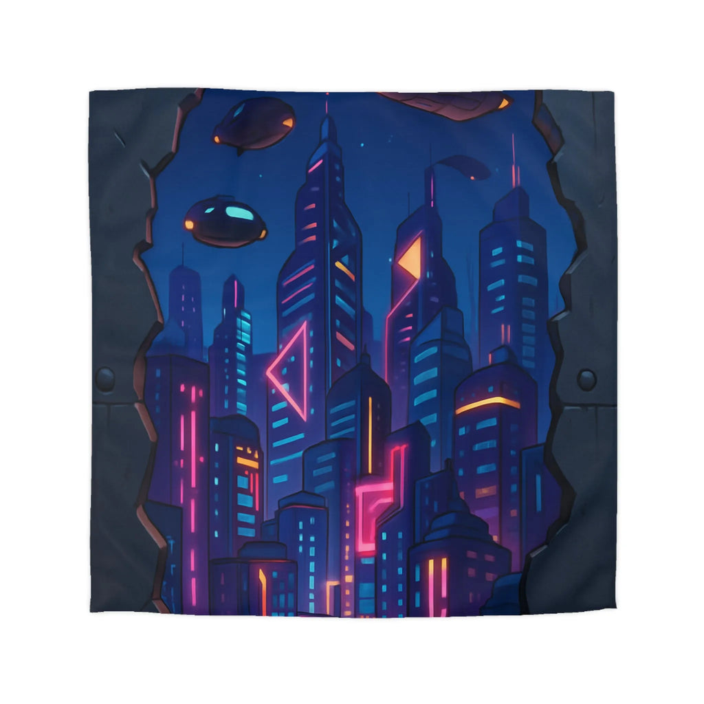 Housse de couette futuriste avec ville néon et vaisseaux spatiaux illuminés