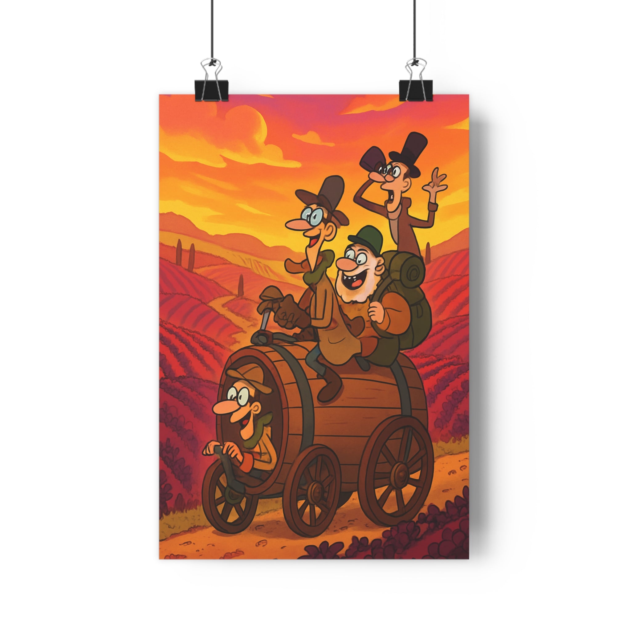 Poster décoratif aventure joyeux bordeaux orange cartoon salon enfant explorateur vignoble paysage véhicule tonique