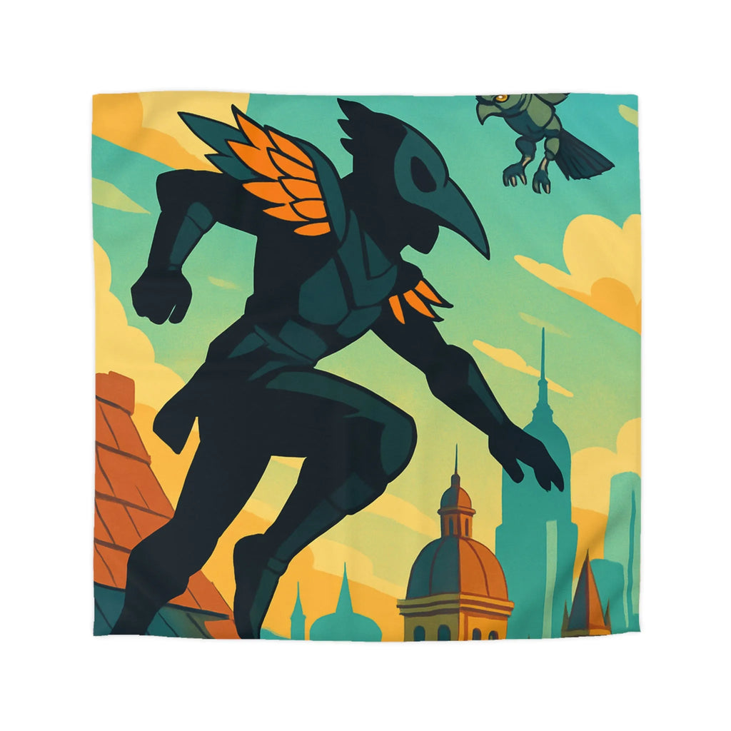 Housse de couette artistique avec silhouette et oiseau sur un toit urbain animé