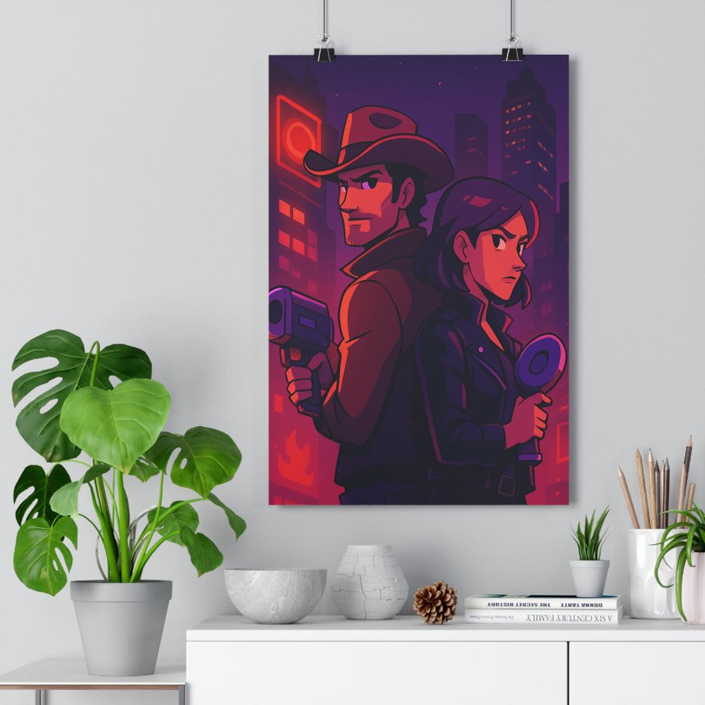 Poster décoratif violet rouge cyberpunk aventure mystérieux salon moderne dynamique personnage futuriste art tendance