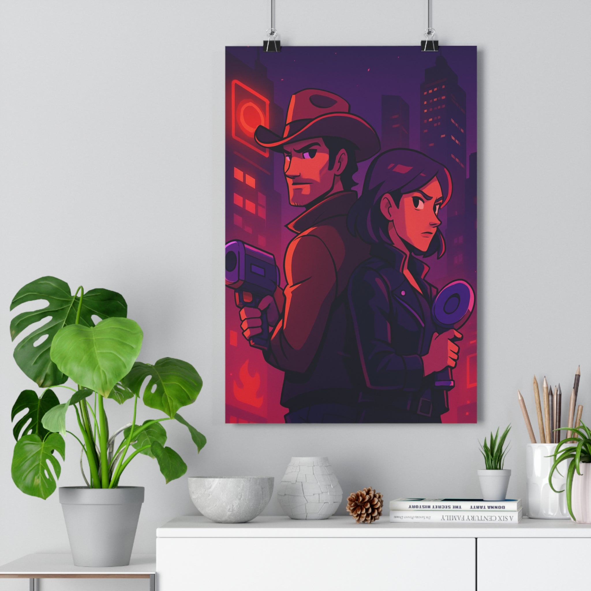 Poster décoratif violet rouge cyberpunk aventure mystérieux salon moderne dynamique personnage futuriste art tendance