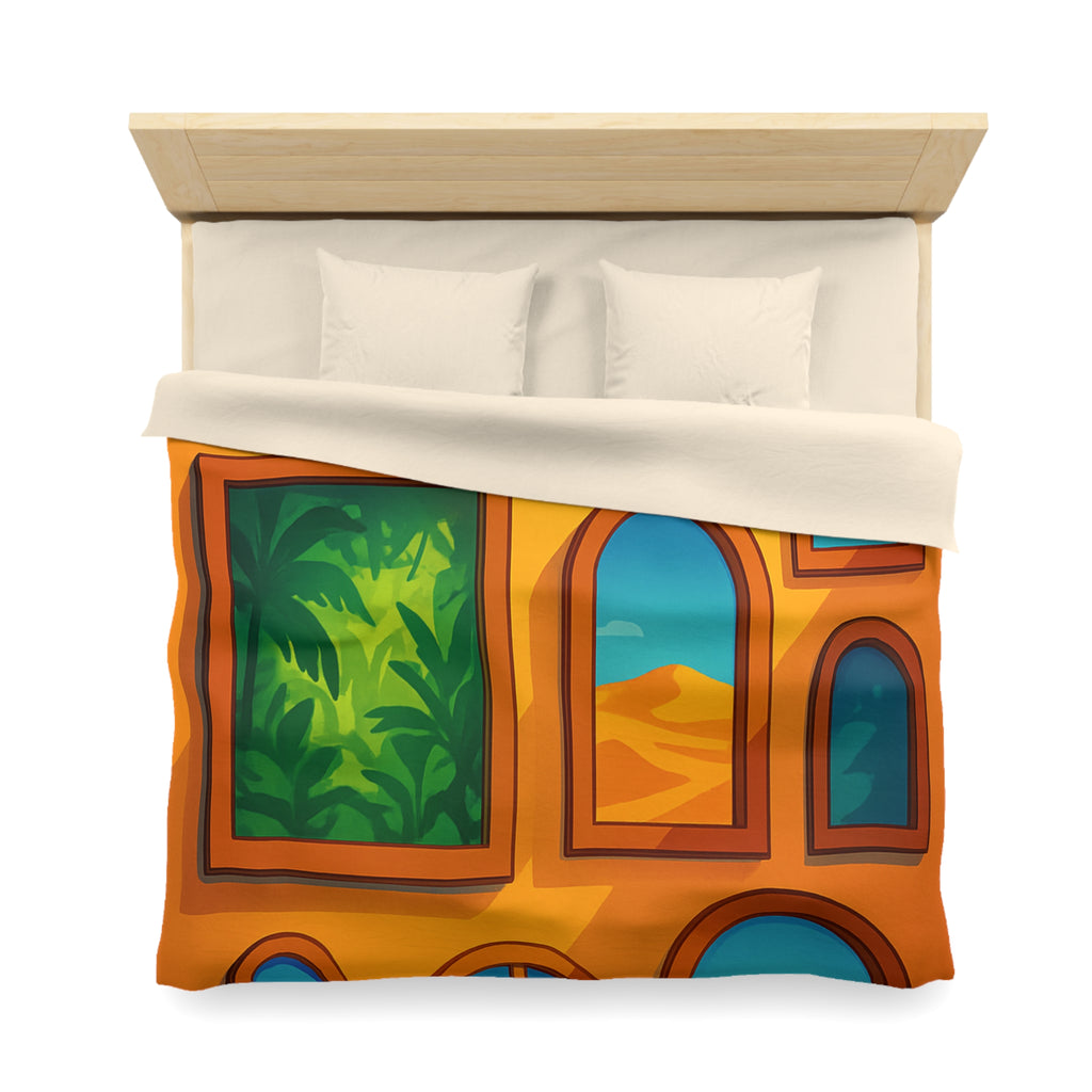 Housse de couette vibrante avec fenêtres sur l'univers et paysages exotiques