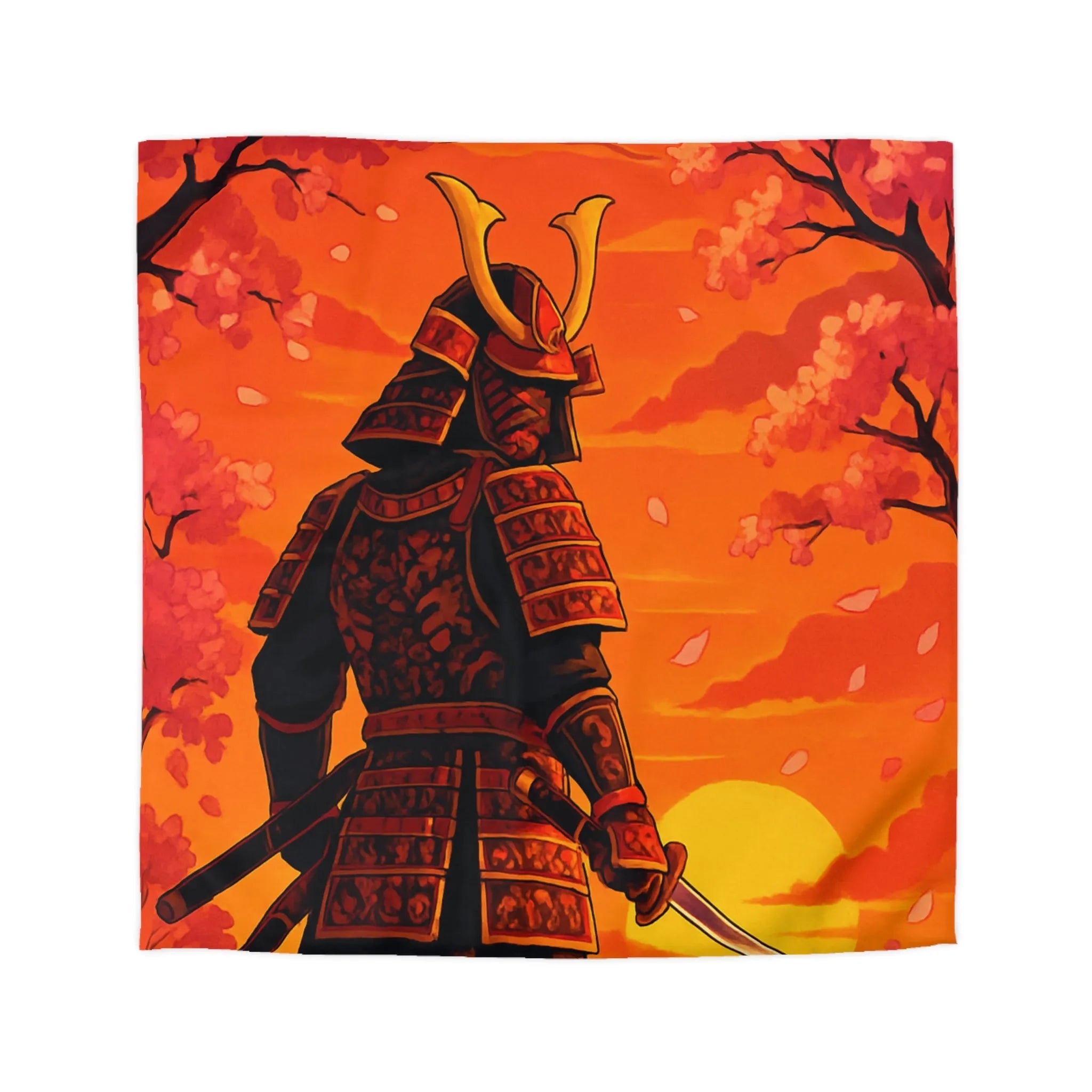 Housse de couette avec motif samouraï au coucher du soleil, arbres et fleurs roses