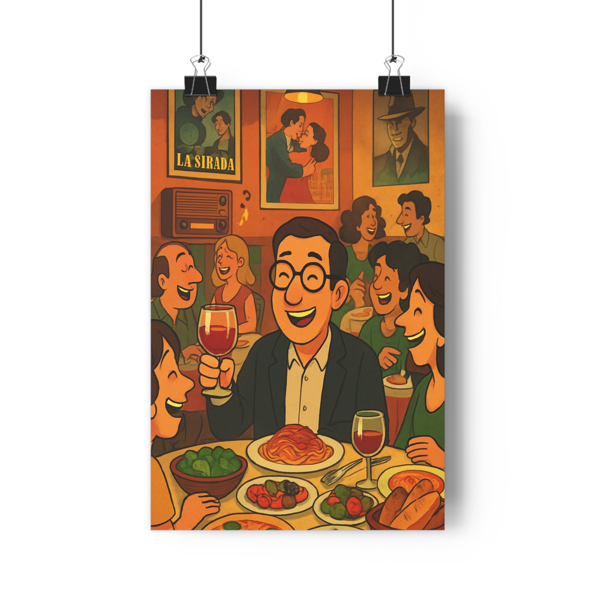 Poster décoratif cartoon vintage orange vert joyeux salon cuisine ambiance conviviale soirée conviviale originale