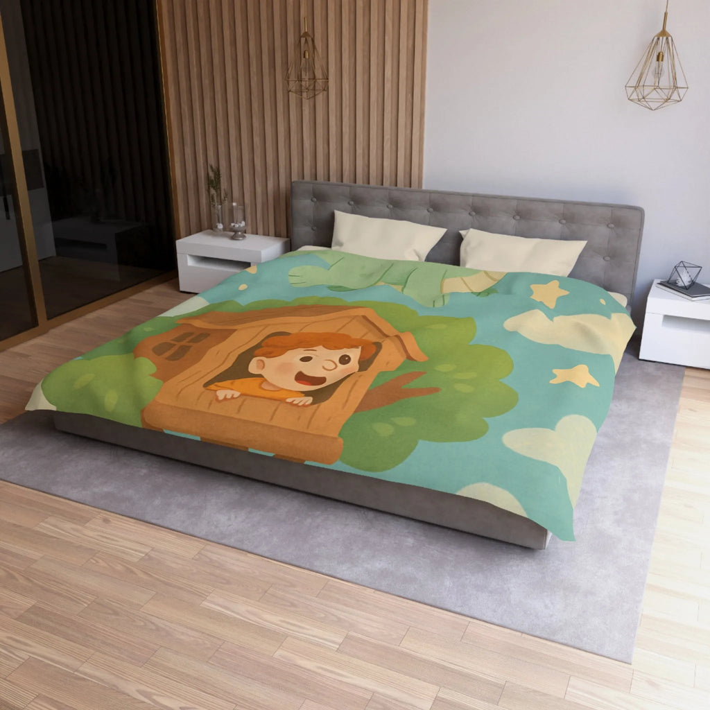 Housse de Couette Enfant Colorée avec Dragon, Maisonnette Arbre et Étoiles Féeriques