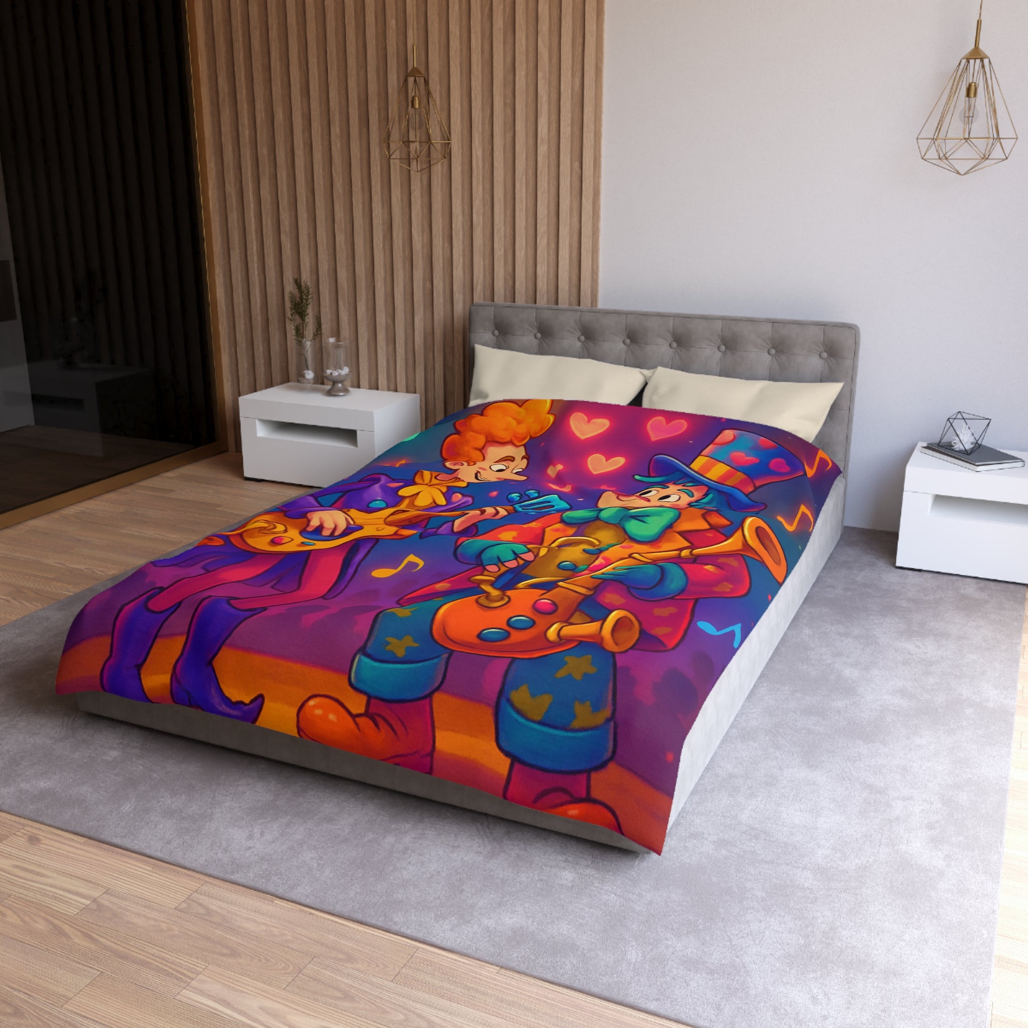 Housse de couette colorée avec musiciens joyeux jouant guitare et saxophone sous projecteurs