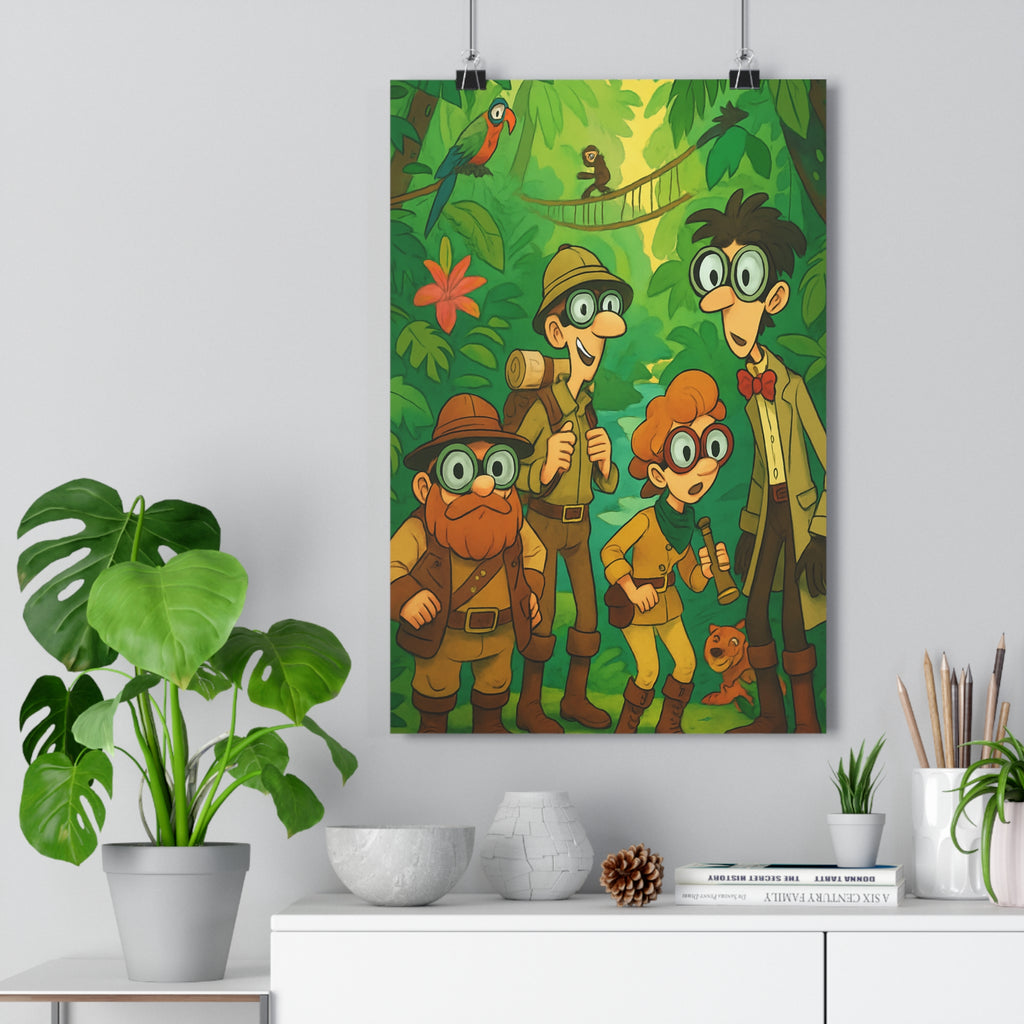 Poster décoratif vibrant aventure jungle vert coloré explorateur enfant ambiance exotique animaux nature paysage