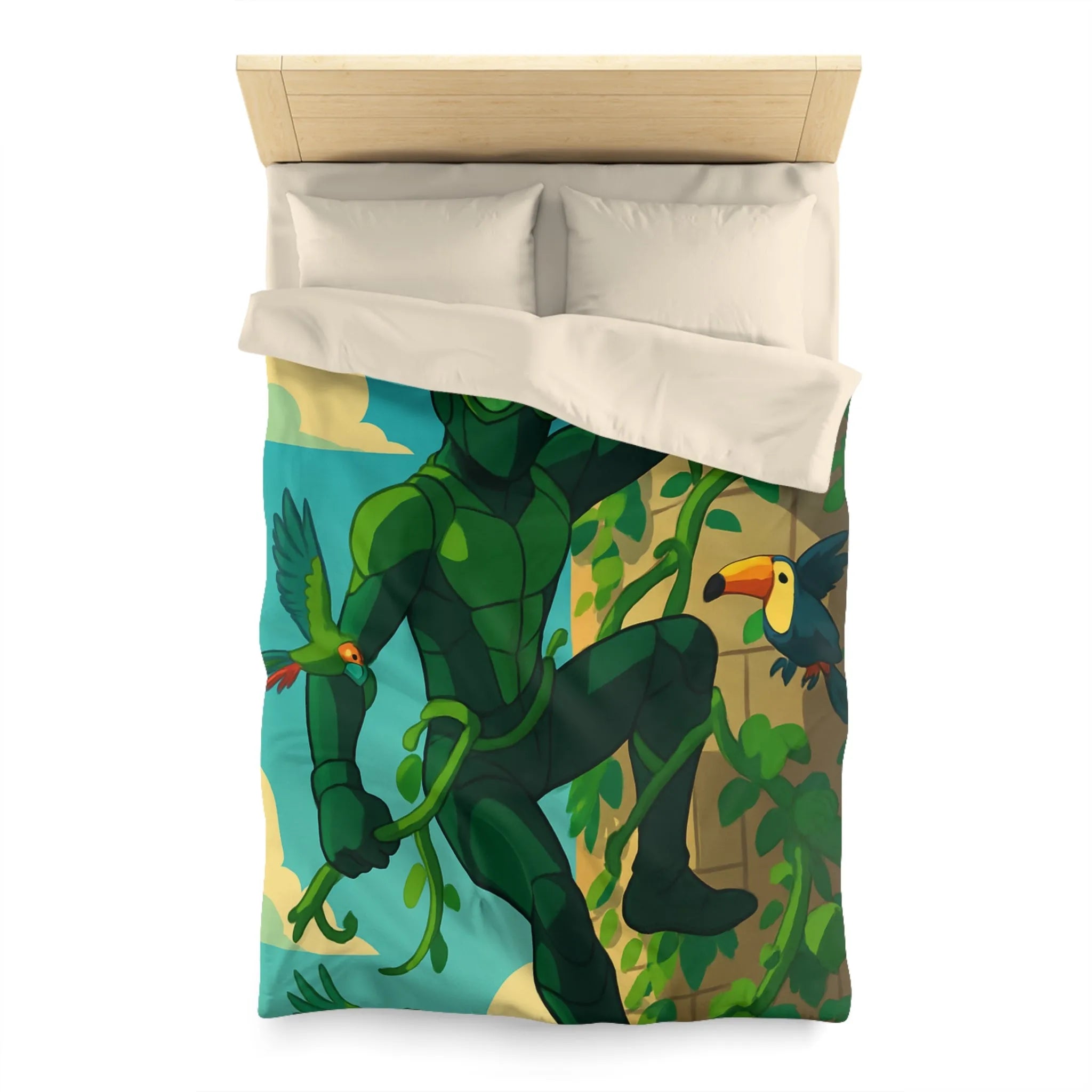 Housse de couette jungle animée avec héros vert grimpant et oiseaux colorés