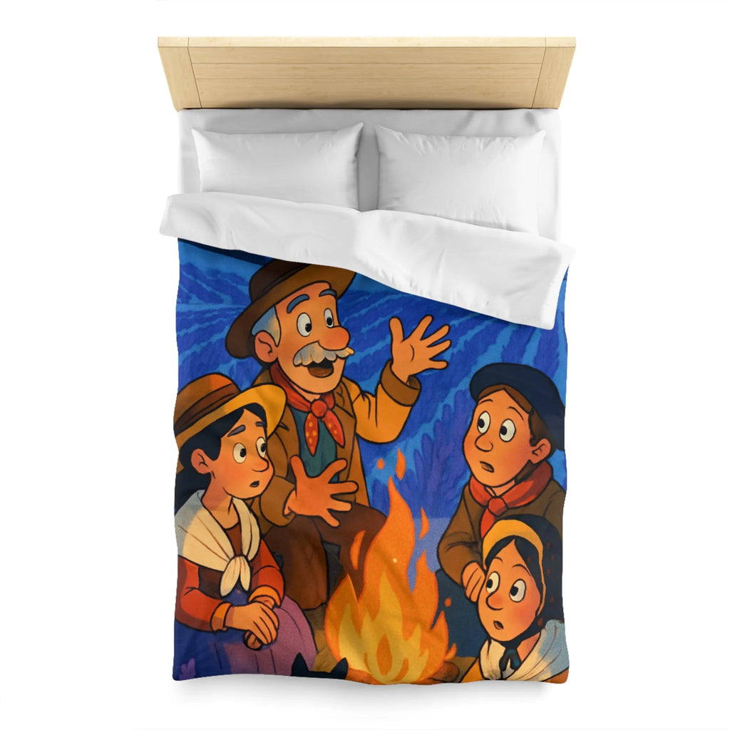 Housse de couette colorée avec scène animée racontant une histoire sous les étoiles