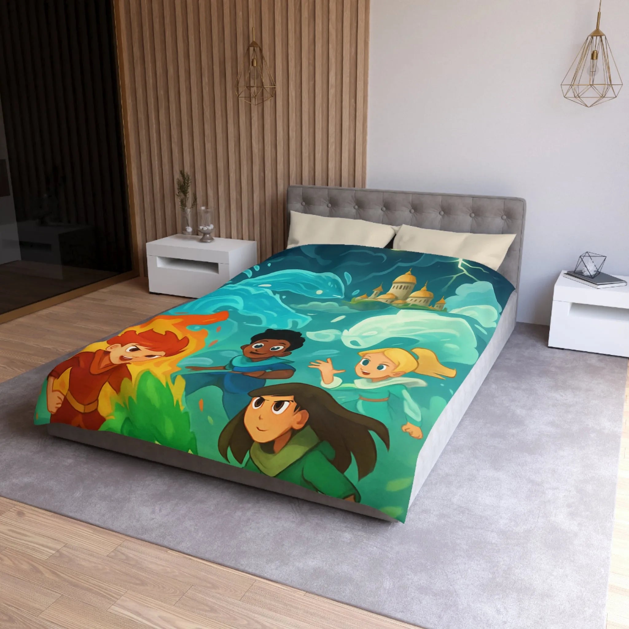 Housse de couette avec illustration de jeunes héros des éléments devant un château magique