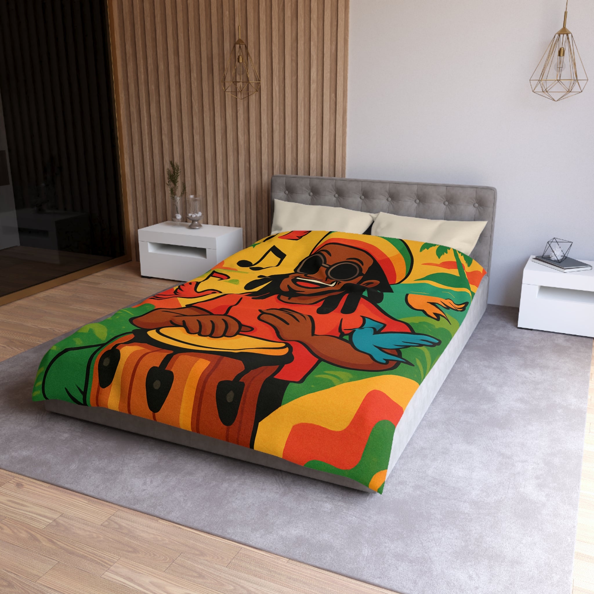 Housse de couette vibrante arc-en-ciel reggae avec tambour, palmiers et oiseaux colorés