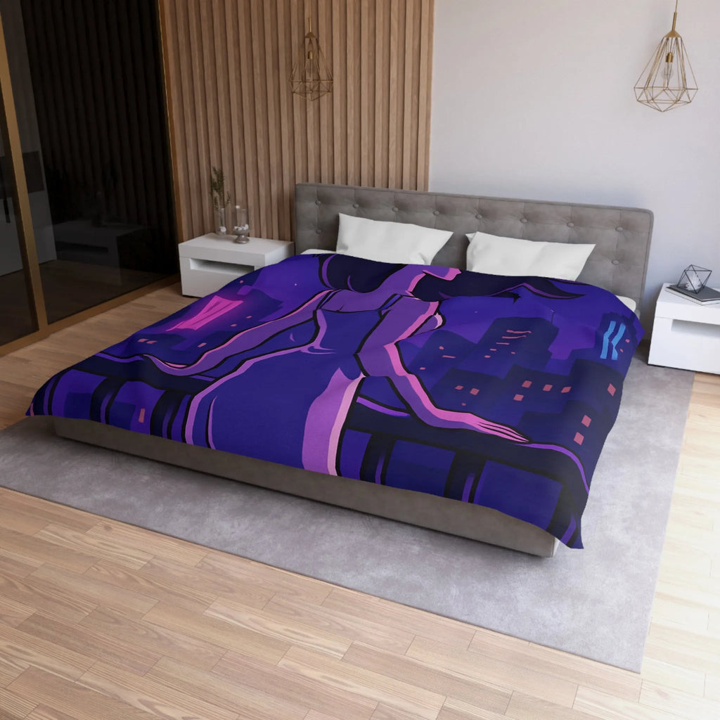 Housse de couette avec femme contemplant ville nocturne éclairée, style rétro futuriste animé