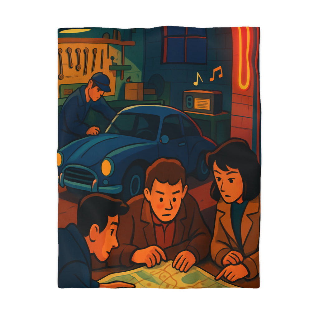 Housse de couette vintage ambiance atelier auto avec carte et personnages concentrés