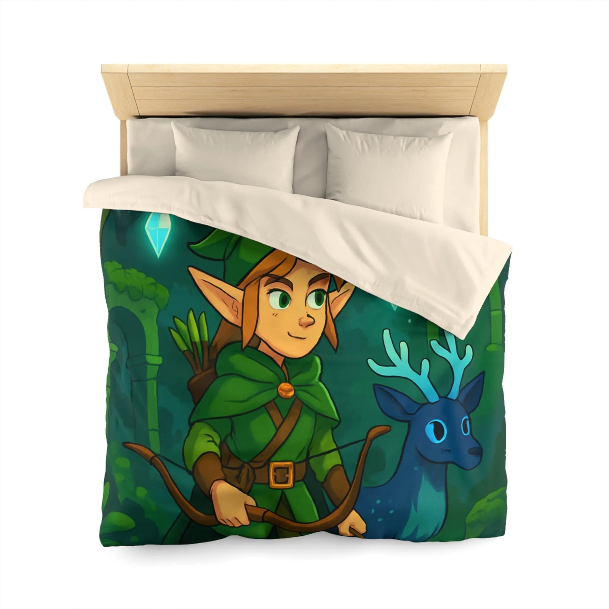 Housse de couette forêt enchantée avec lutin et cerf sous lune brillante