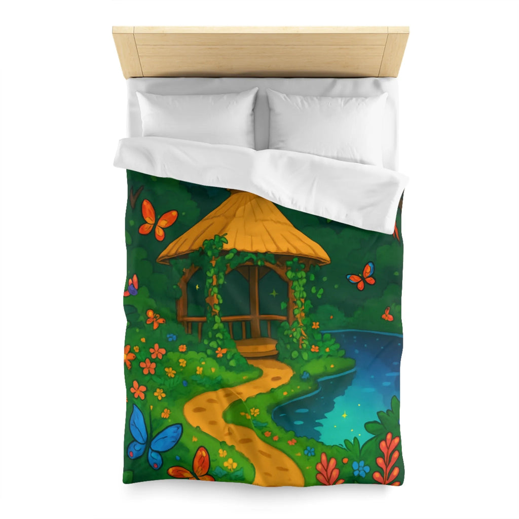 Housse de Couette Illustrée, Forêt Tropicale Nocturne avec Oiseaux et Papillons Colorés