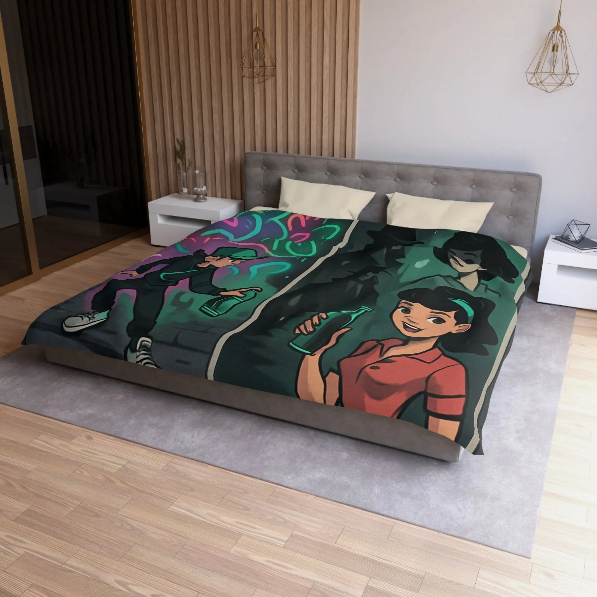 Housse de couette illustrée avec scène de rue colorée et personnages mystérieux