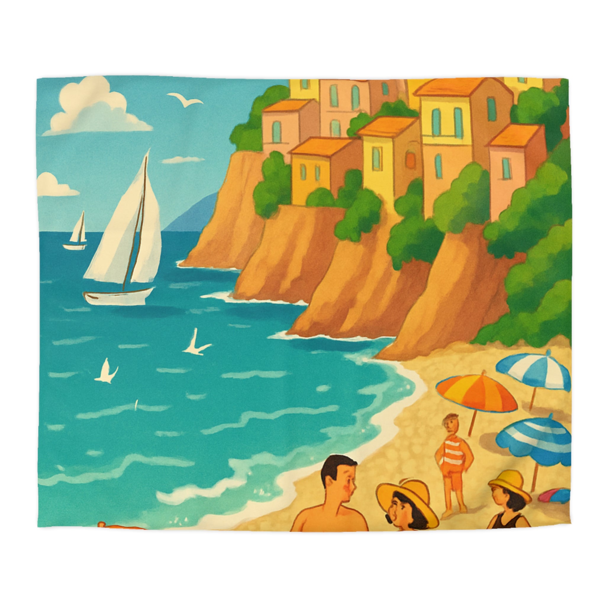 Housse de couette plage méditerranéenne avec paysages colorés et vacanciers ensoleillés