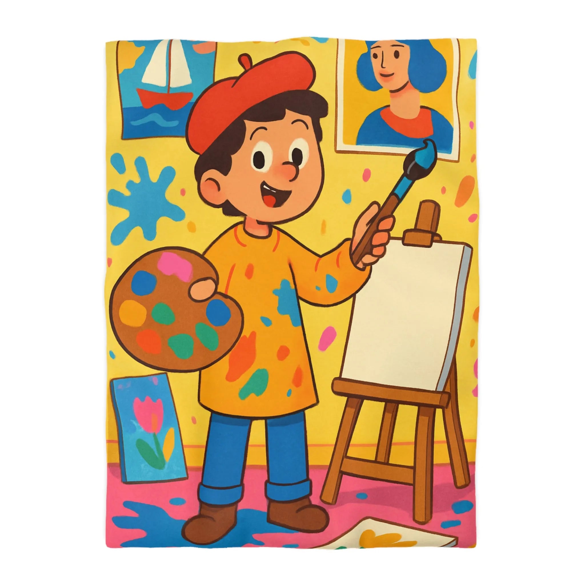 Housse de Couette Colorée avec Motif Artiste Enfant Peignant dans un Atelier Joyeux