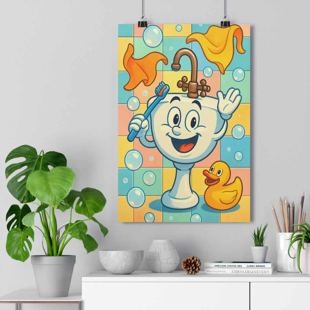 Poster décoratif lavabo cartoon joyeux salle de bain enfant coloré bleu orange amusant fantaisiste