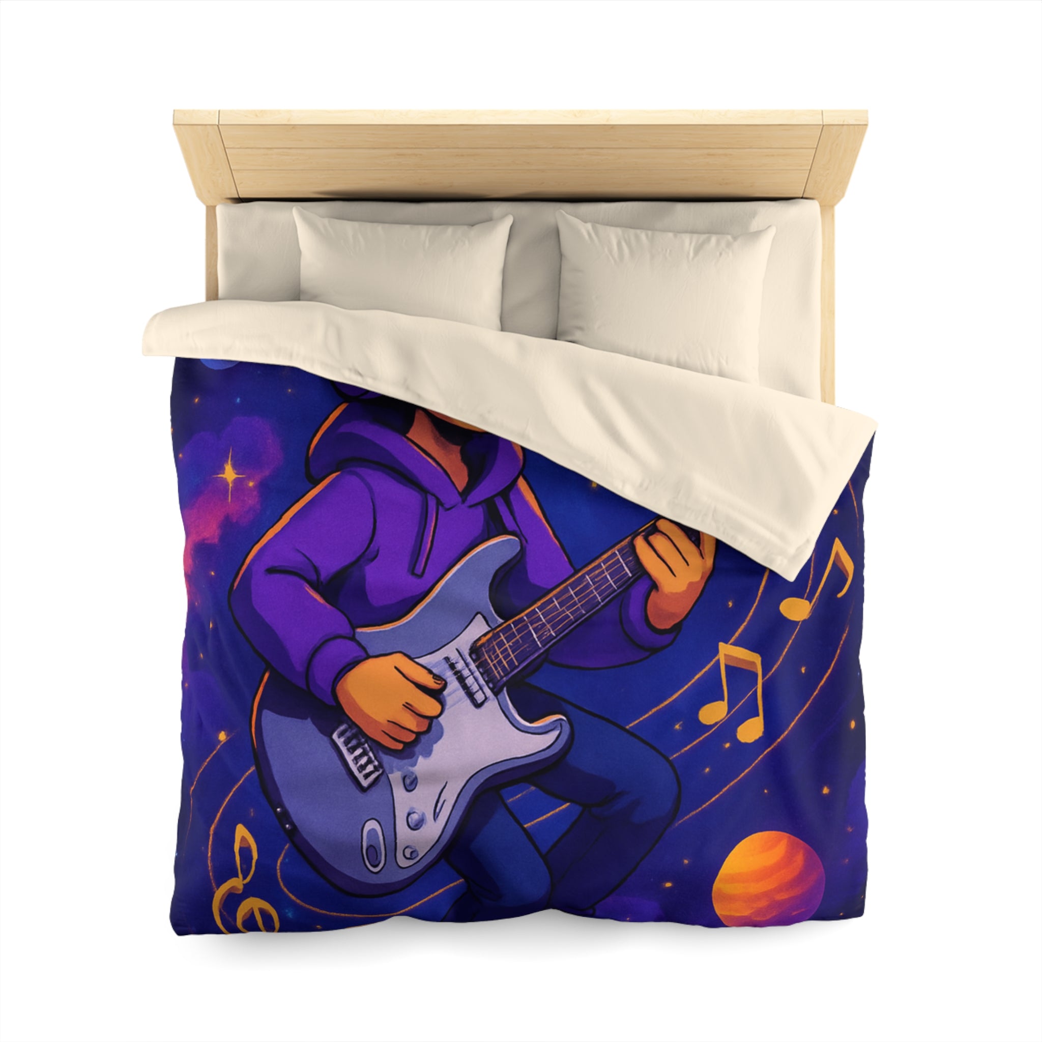 Housse de couette musicale avec planète, guitare et ciel cosmique coloré, ambiance rêveuse