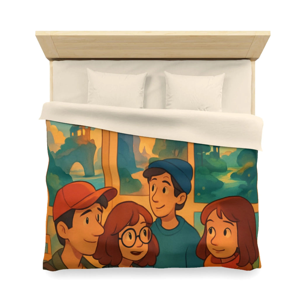 Housse de couette colorée avec paysages enchanteurs et personnages stylisés en exposition artistique